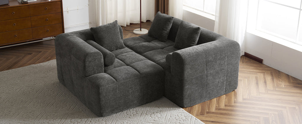 Modern Grey Modular Sectional Sofa with Deep Seating and Side Pockets in Chenille Fabric