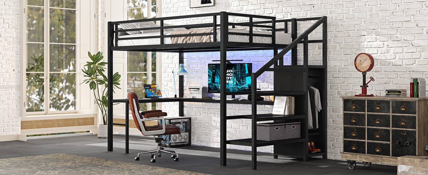 Full Size Loft Bed with L-shaped Desk and USB, Metal Loft Bed with Wardrobe and Adjustable Shelf, High Loft Bed with LED for Kids Teens Adults, Black