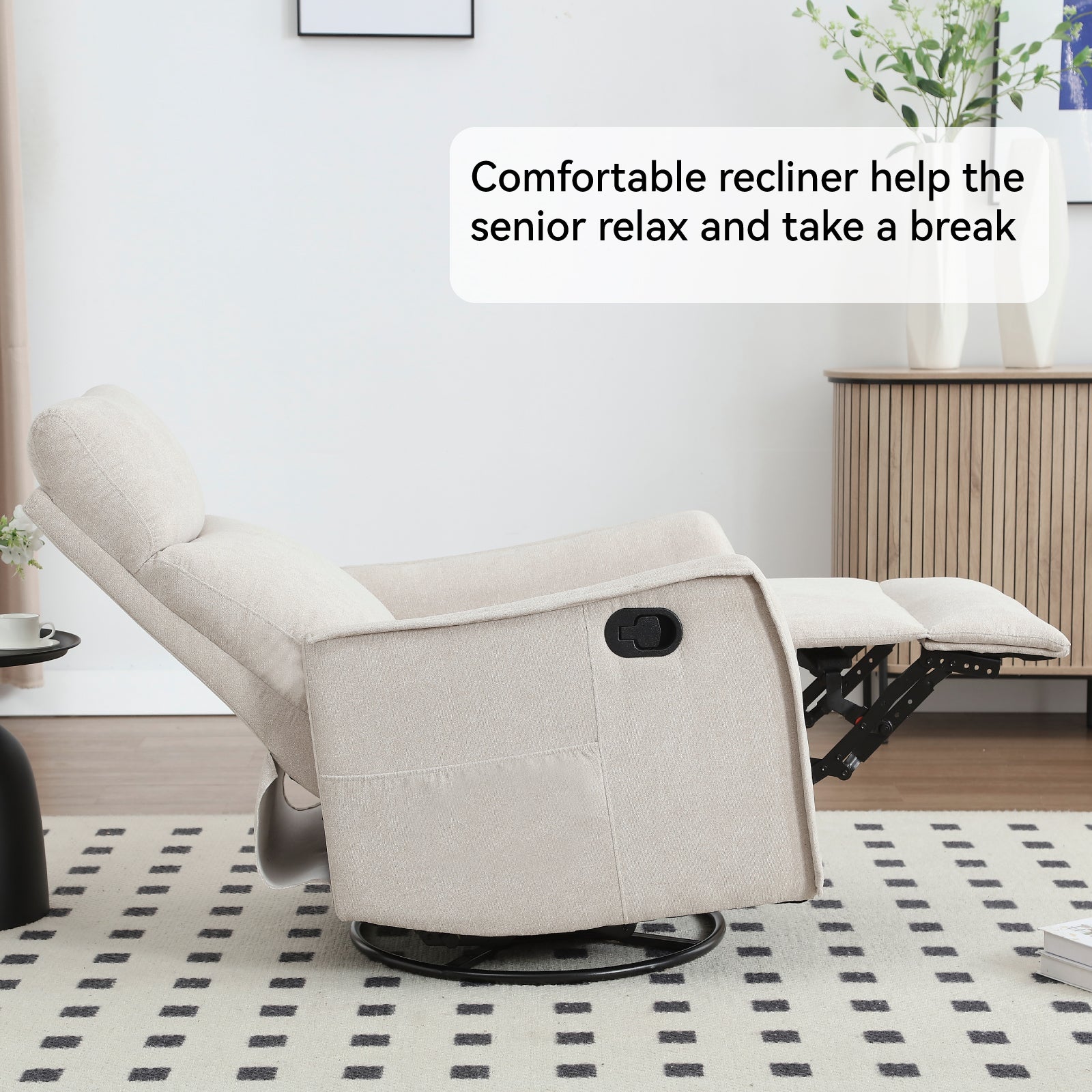 Heat Massage Manual Recliner Chair with Rocker and Swivel in Fabric for Living Room, Beige