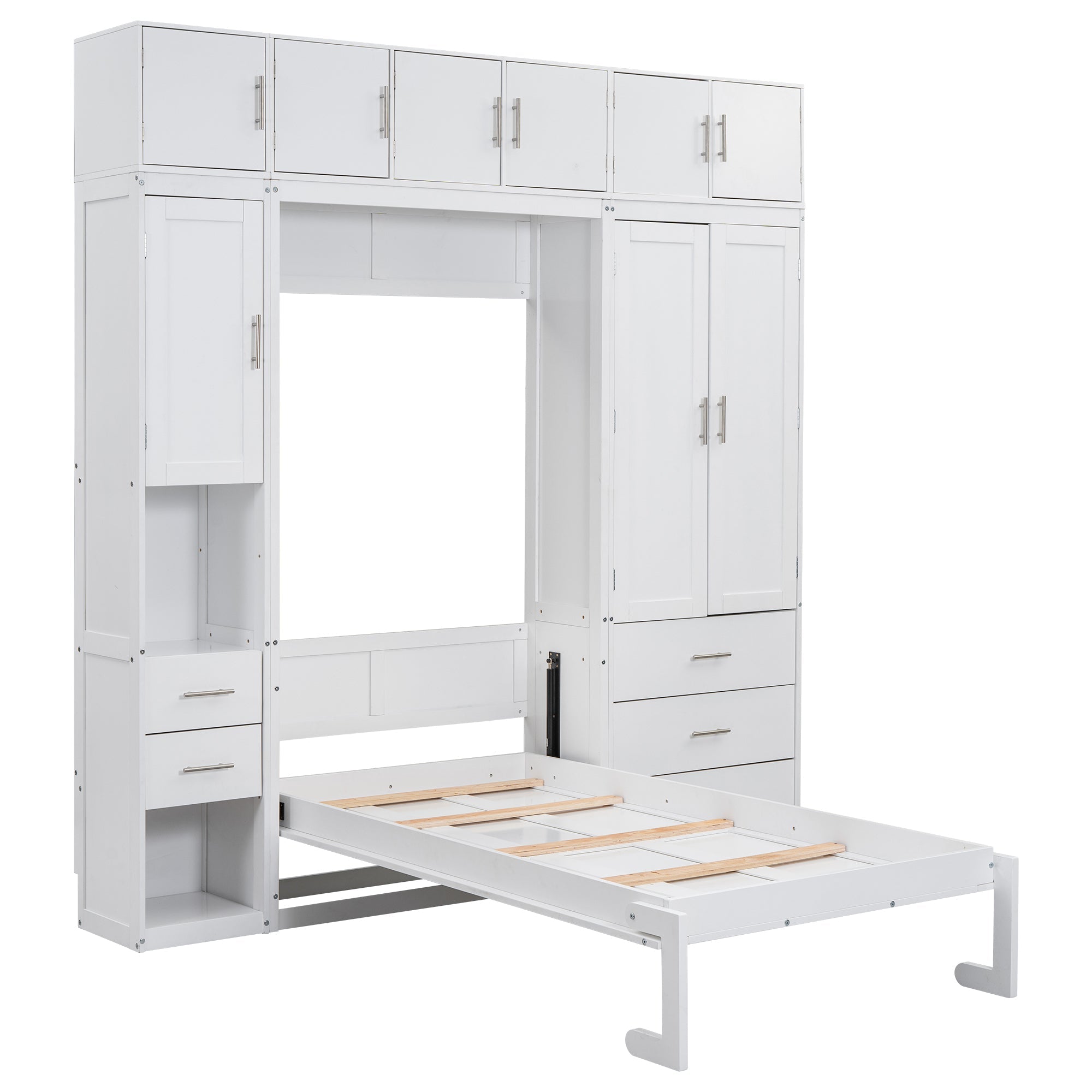 White Twin Size Murphy Bed with Lockers and Wardrobes, MDF+Pine, 93.2''L x 15.7''W x 99''H
