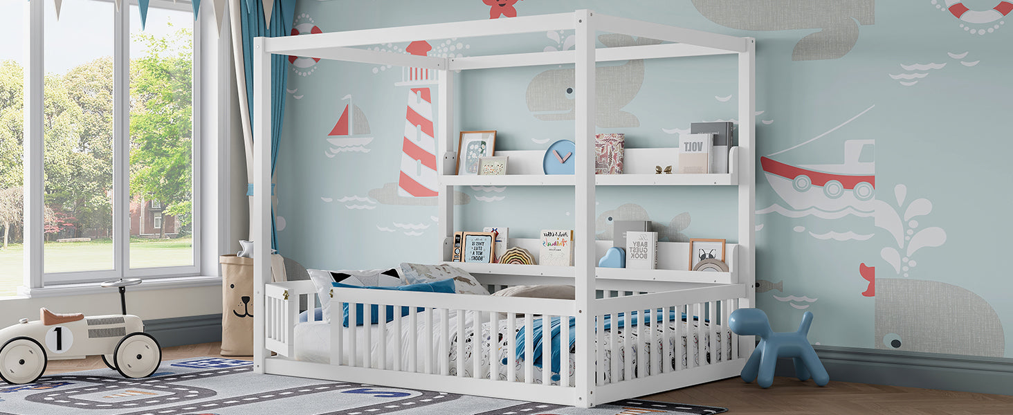 Full Size Canopy Bed with Guardrails, Solid Wood Floor Bed with Shelves, Montessori Floor Bed Frame for Kids, Boys, Girls, No Spring Box Needed, White