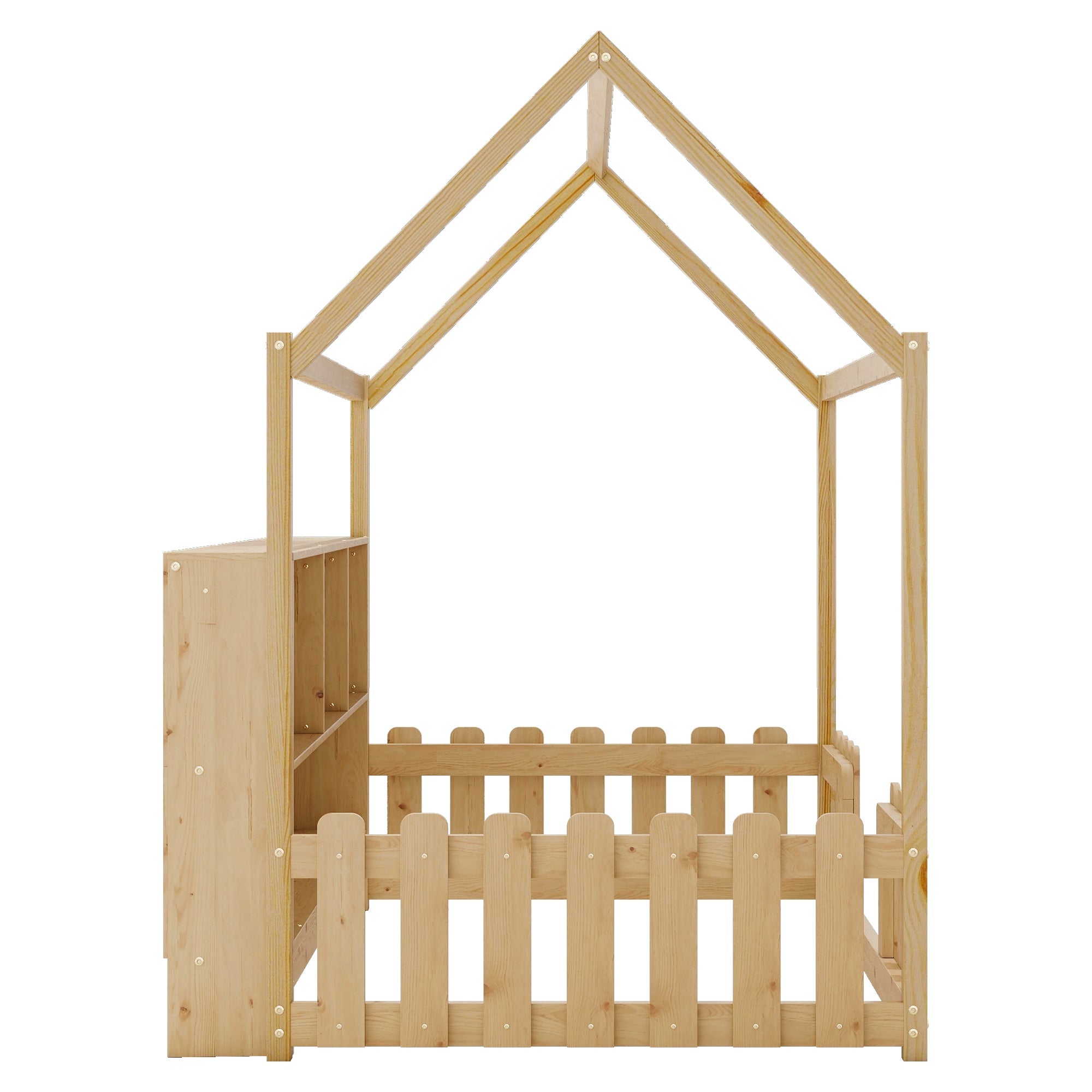 Twin Size House Bed with LED Light, Wood House Bed with Storage Bookshelf, Floor House Bed with Guardrails for Kids, Natural (Expect Arrival Date 2025/3/14)