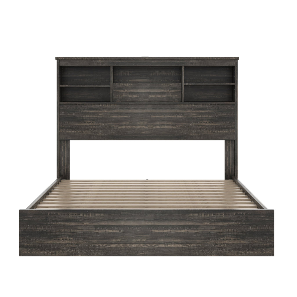 4PCS Bedroom Sets, Wooden Queen Size Bed Frame with Storage Headboard and Charging Station, 2 Nightstands with 2 Drawers, 1 Dresser with 5 Drawers, Antique Gray