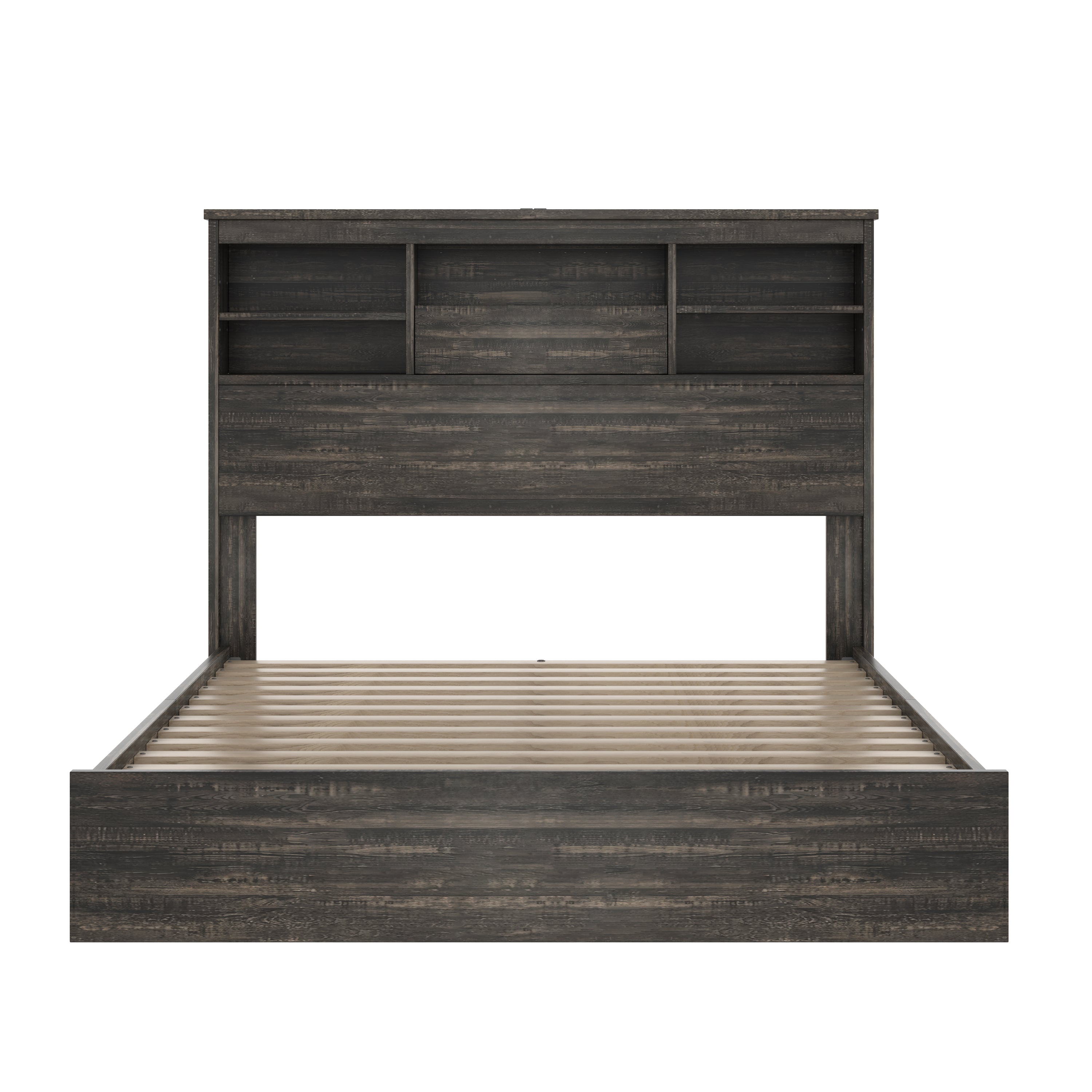 4PCS Bedroom Sets, Wooden Queen Size Bed Frame with Storage Headboard and Charging Station, 2 Nightstands with 2 Drawers, 1 Dresser with 5 Drawers, Antique Gray