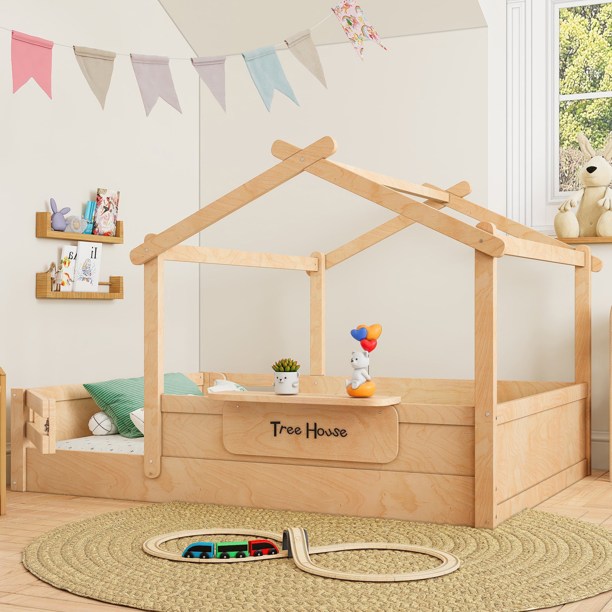 Full Size Floor Bed with Guardrails and Roof, Kids House Floor Bed with a Small Built-in Tray and Free-installed Signboard, Childlike Design, Natural