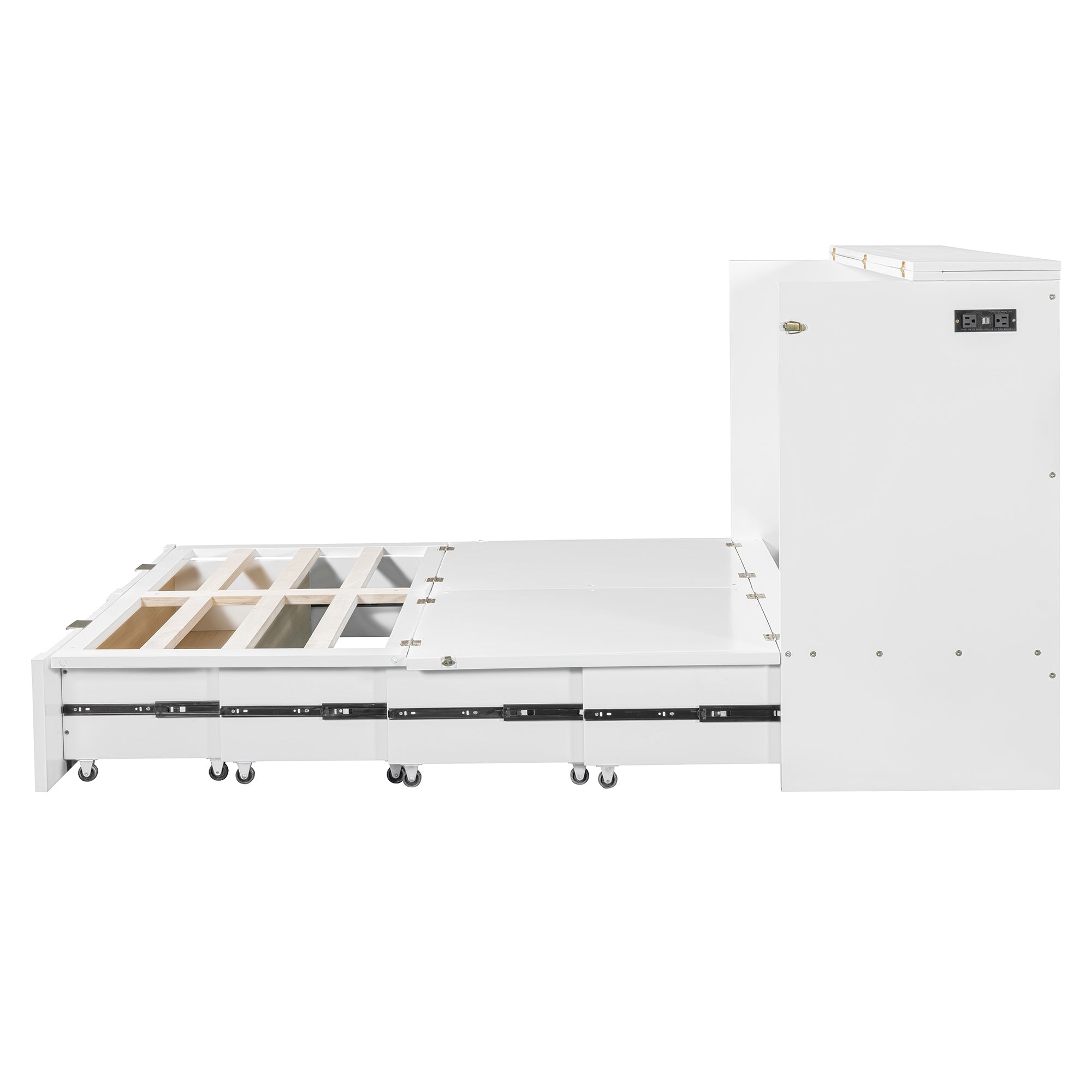 Queen Size Murphy  Bed with drawer and a set of Sockets & USB Ports, Pulley Structure Design, White