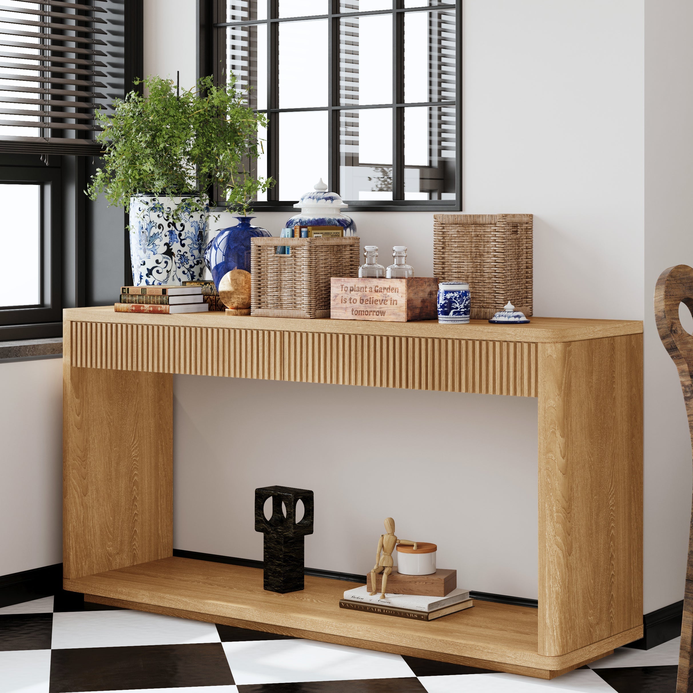 60' Modern 2-Drawer Fluted Console Table Natural Wood Veneer Sofa Table Behind Couch Table for Living Room, Hallway, Entryway, Home Office, Natural Wood