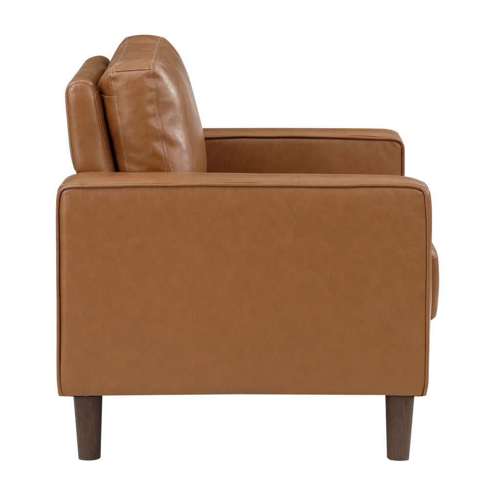 Modern Living Room Furniture 3pc Set Sofa Loveseat Chair Brown Faux Leather Upholstered Cushion Back Seat Solid Wood