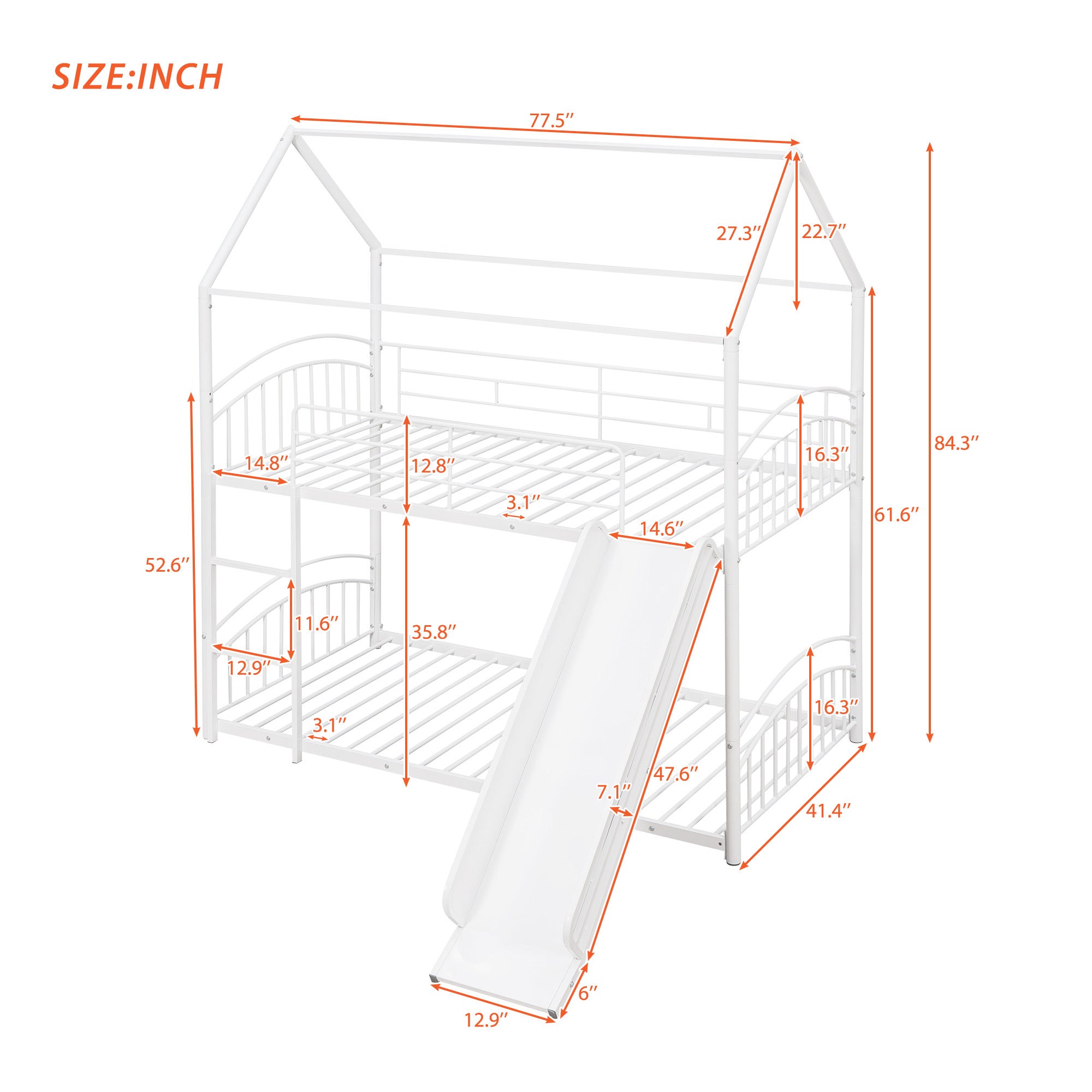 Twin Over Twin Metal Bunk Bed With Slide,Kids House Bed White