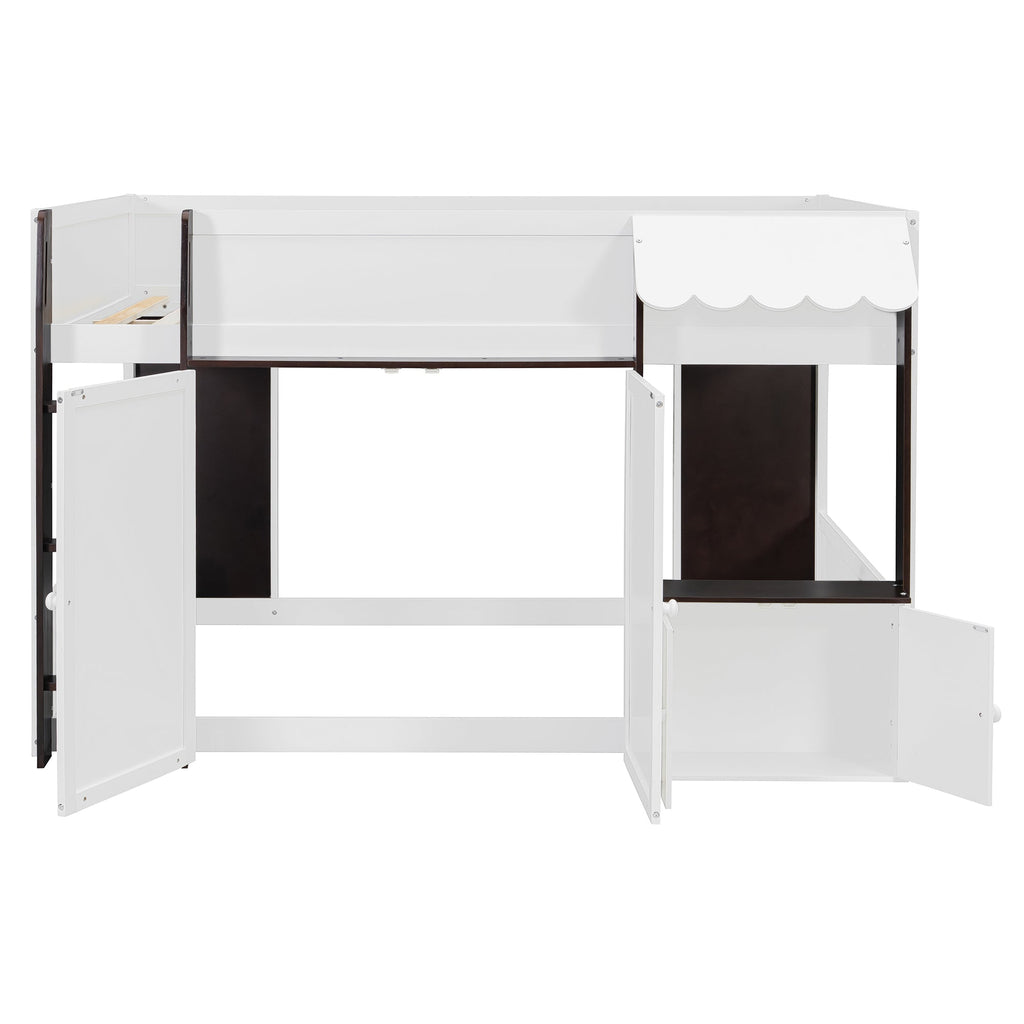 Full Loft House Bed with Playhouse & Storage, Modern Wood Cabin Bed for Kids/Teens, White+Espresso