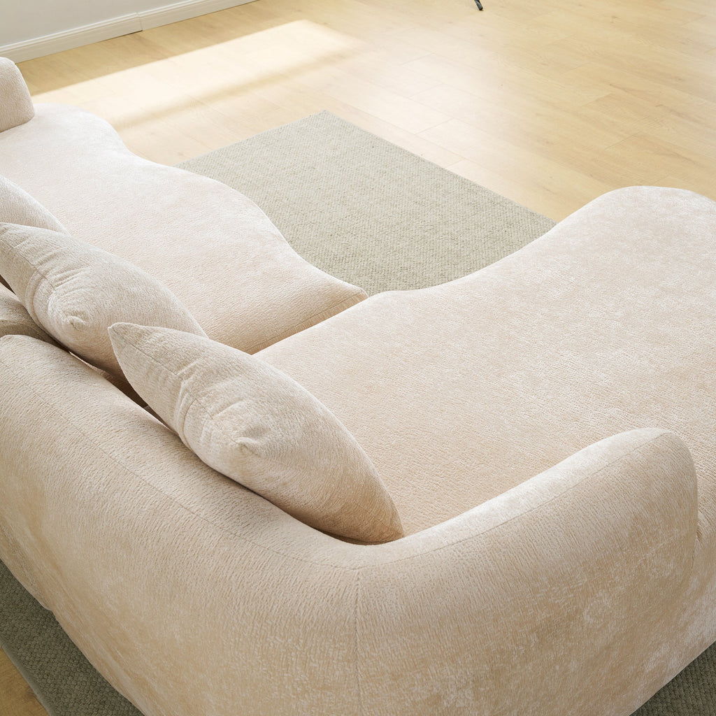 Full Compression L-Shape Sectional Sofa with Curved Chaise, Beige Modular Chenille Couch, High-Density for Apartment Living Room