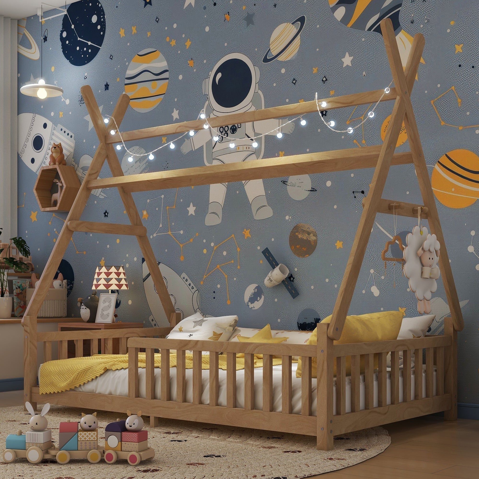 Twin House Bed with Light, Low Floor House Bed with Fence and Roof for Kids Boys Girls,Natural(Expect arrive date 2025/7/20)