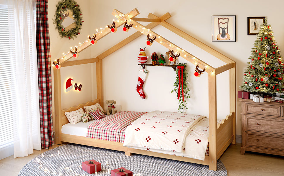 Twin House Floor Bed with Support Slats, Solid Wood House Bed Frame for Kids, No Box Spring Needed and Opening Constructure, Natural