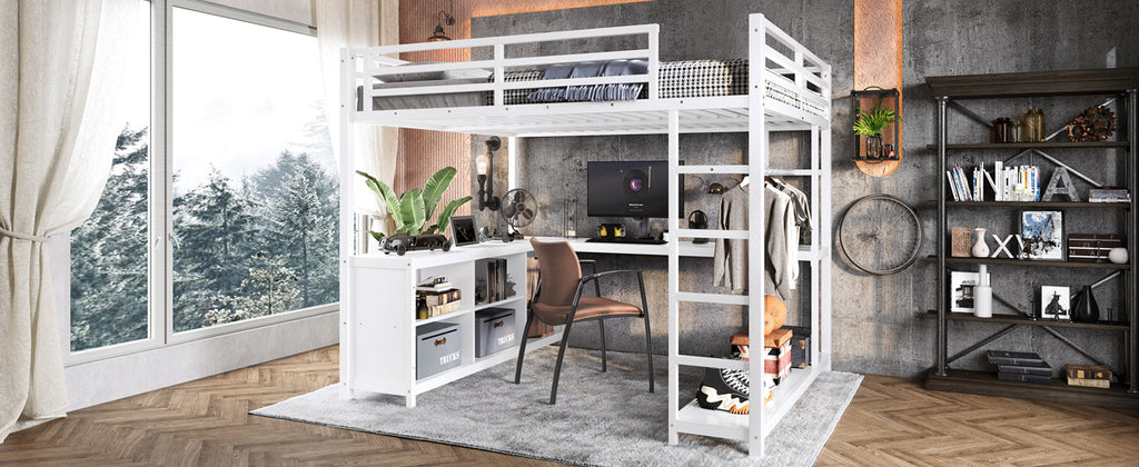 Metal Loft Bed with Wardrobe and L-shaped Desk, Queen Size Loft Bed with Storage Cubes and Shelves, Loft Bed for Kids Teens Adults, White