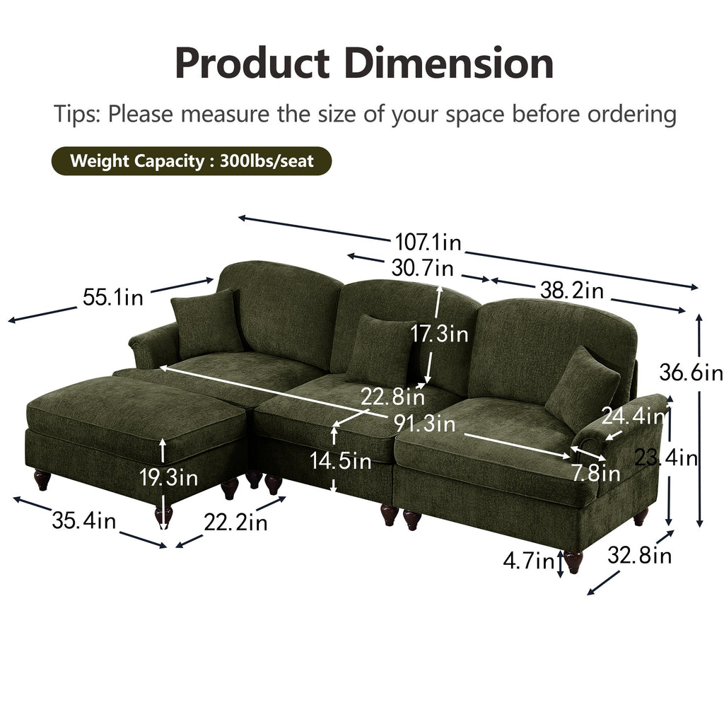 Mid Century Three Seater Modular L Shaped Sectional Couch with Flared Arms and Removable Ruffles Pleats Skirts and Spindle Legs, Comfy Chenille 3-Seat Deep Seat Sofa with Movable Ottoman,Green