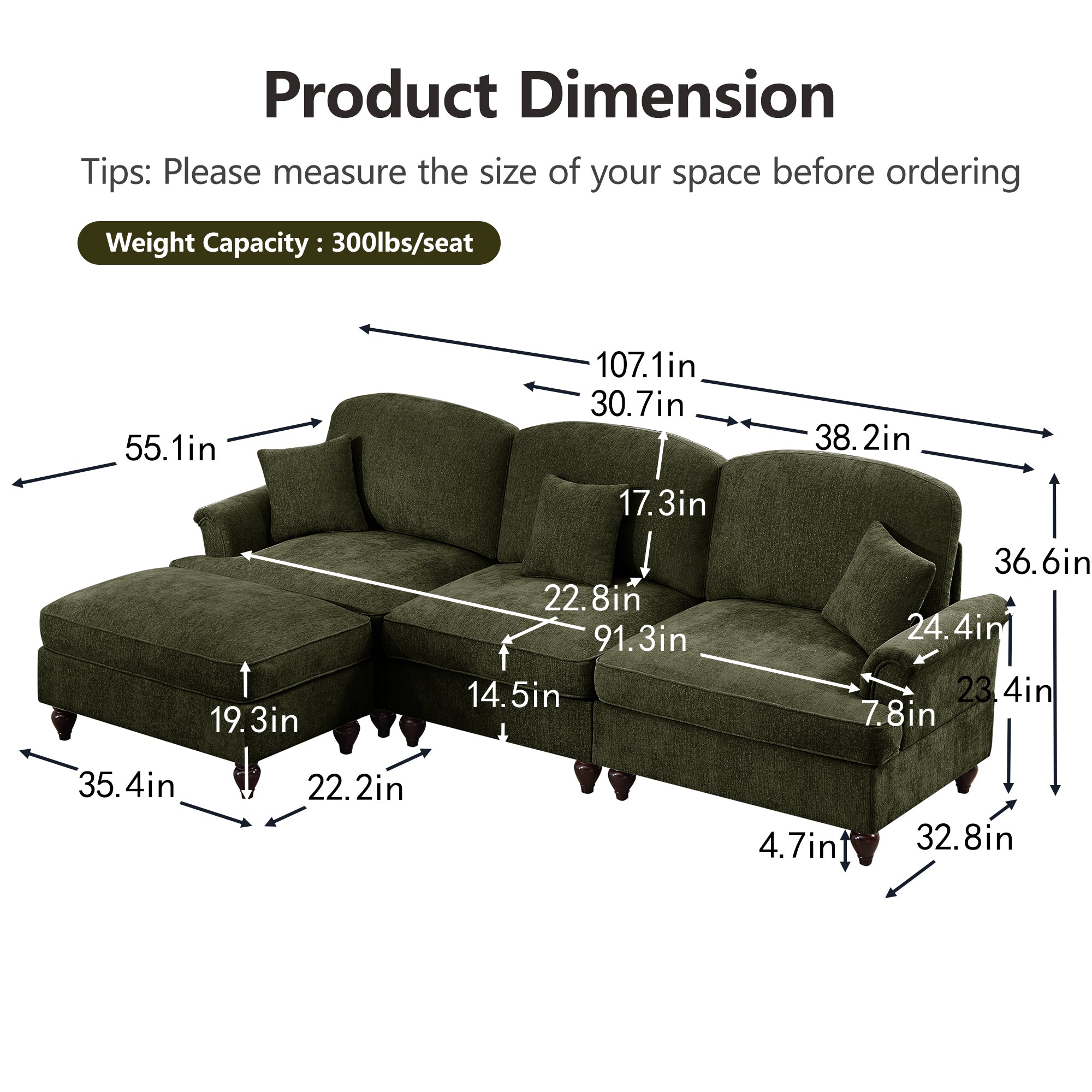 Mid Century Three Seater Modular L Shaped Sectional Couch with Flared Arms and Removable Ruffles Pleats Skirts and Spindle Legs, Comfy Chenille 3-Seat Deep Seat Sofa with Movable Ottoman,Green