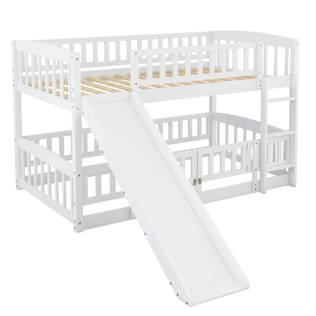 Bunk Bed with Slide,Twin Over Twin Low Bunk Bed with Fence and Ladder for  Kids Teens White