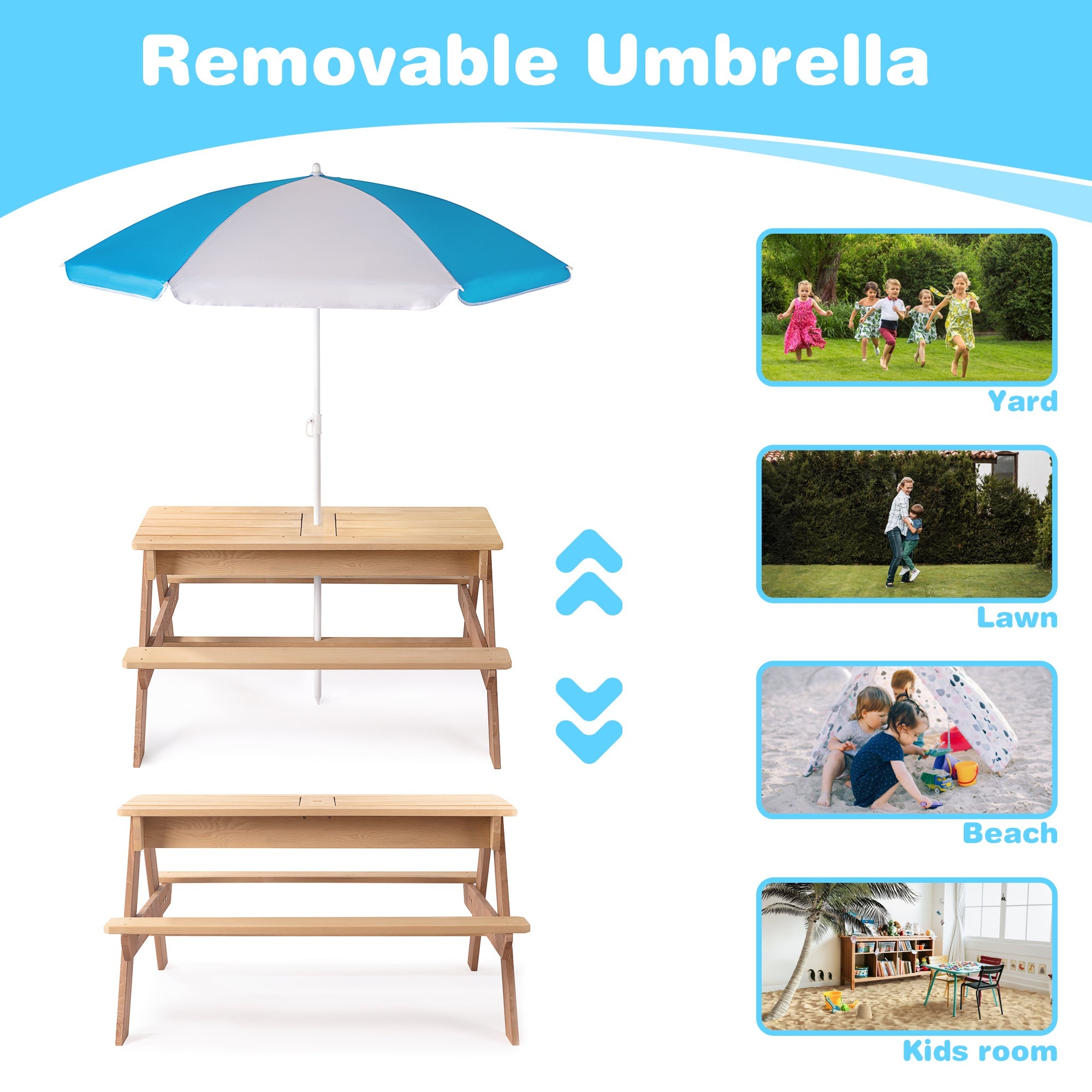 D-road 3-in-1 Kids Outdoor Wooden Picnic Table with Adjustable Umbrella and Convertible Sand & Water Activity, Gray, Solid Cedar Wood