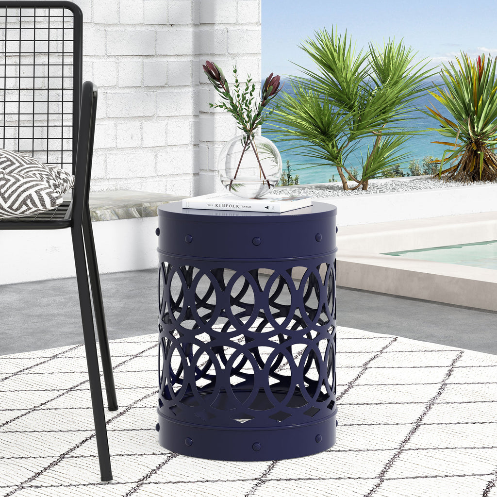 Contemporary Outdoor Metal End Table with Modern Design in Navy Blue Iron Material - Large Size