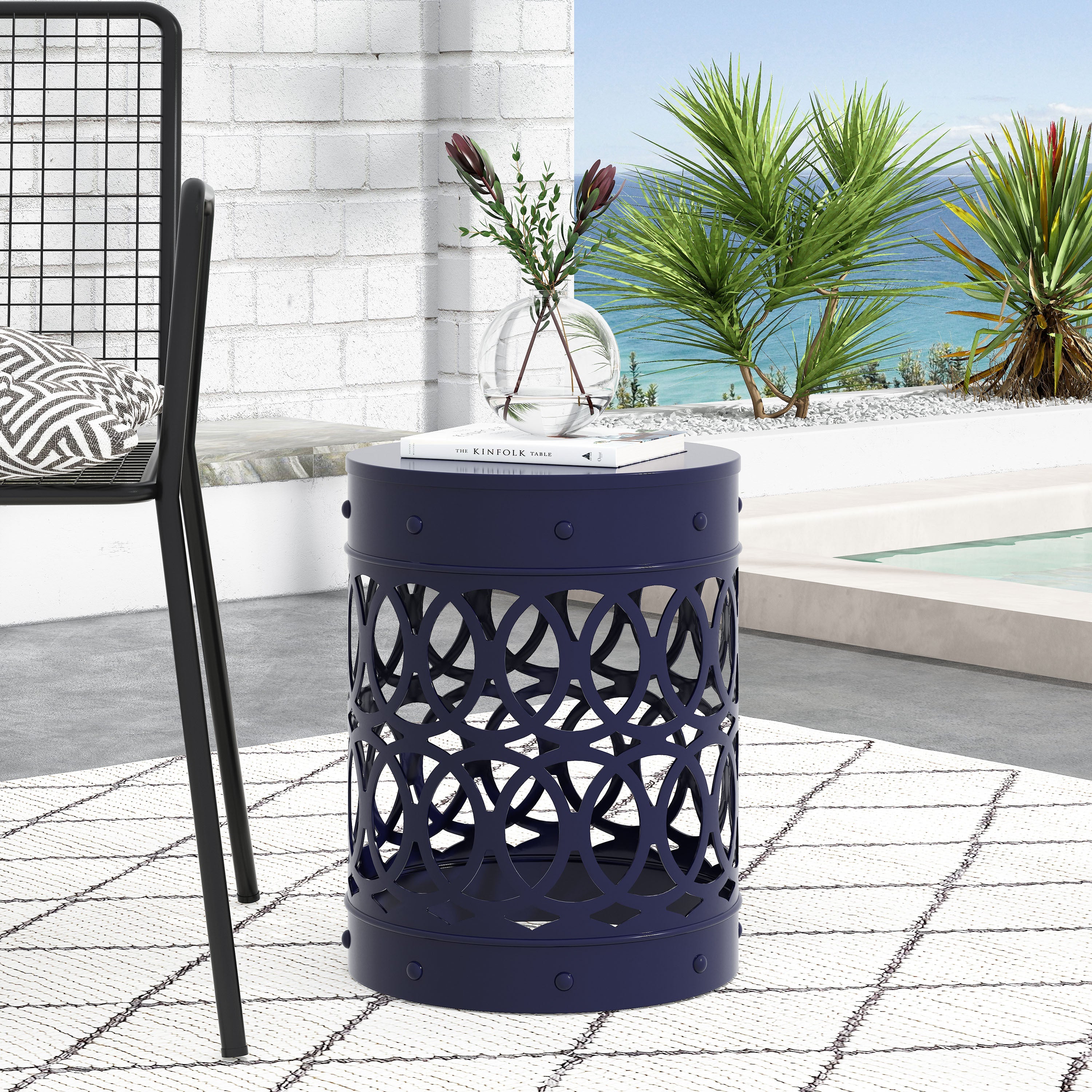 Contemporary Outdoor Metal End Table with Modern Design in Navy Blue Iron Material - Large Size