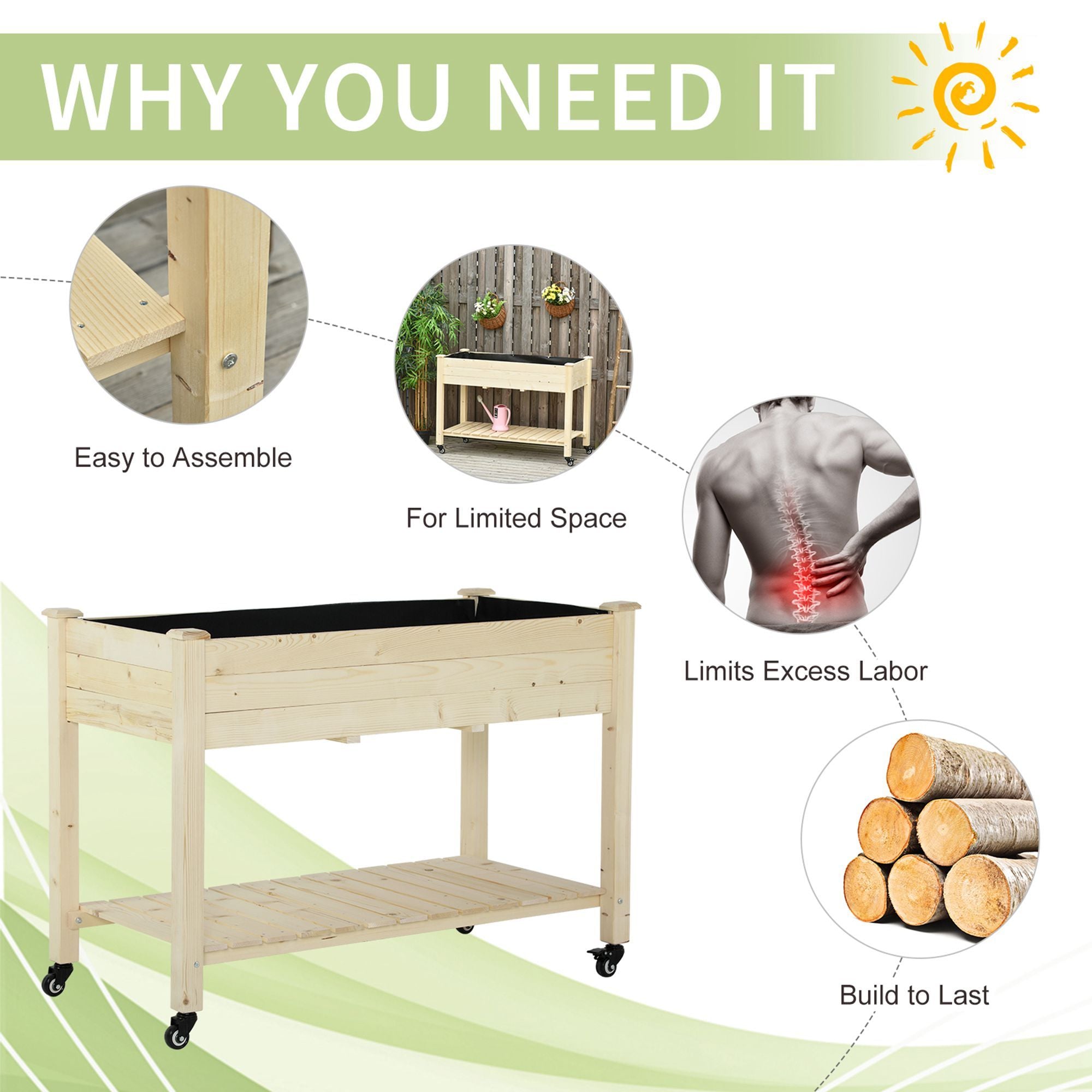 Outsunny Raised Garden Bed with Lockable Wheels and Storage Shelf, Natural Wood, 47 x 22 x 33 Inches