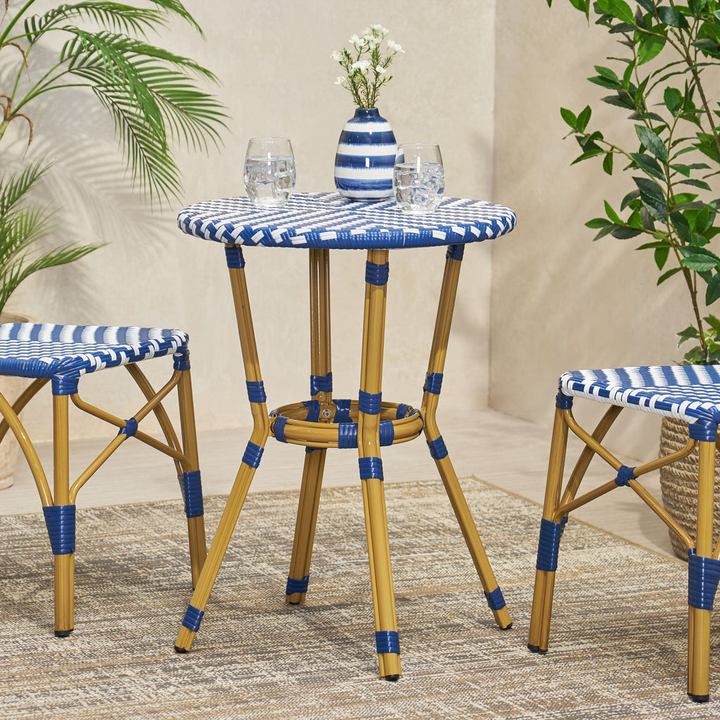 French Bistro Table Outdoor Elegance White+Blue Rattan 21.75x21.75x28.50 inches