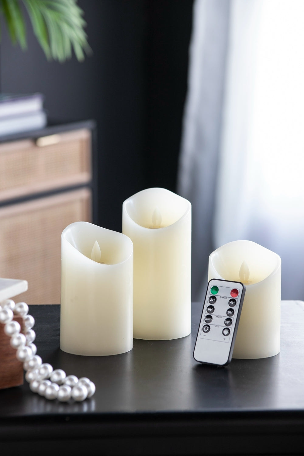 Set of 3 Flickering Ivory LED Candles with Remote Timer, L:D3X6' M:D3X5' S:D3X4'