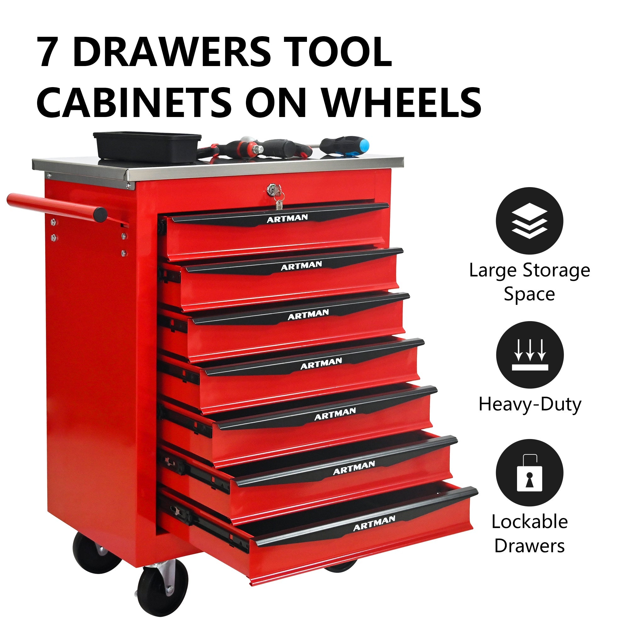 7 Drawers Multifunctional Tool Cart with Wheels,Metal Rolling Tool Cart Storage for Garage Workshop Warehouse Repair Shop--With Stainless Steel Roof- Red&Black