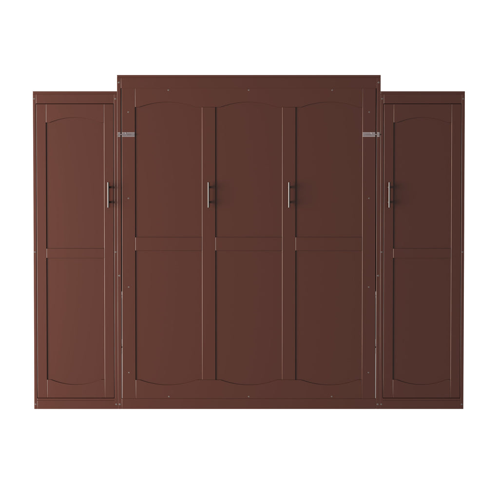 Full Size Murphy Bed, Wooden Full Wall Bed with 2 Wardrobe and Storage Shelf, Multifunctional Foldable Platform Bedframe for Guest-Room, Bedroom, Walnut
