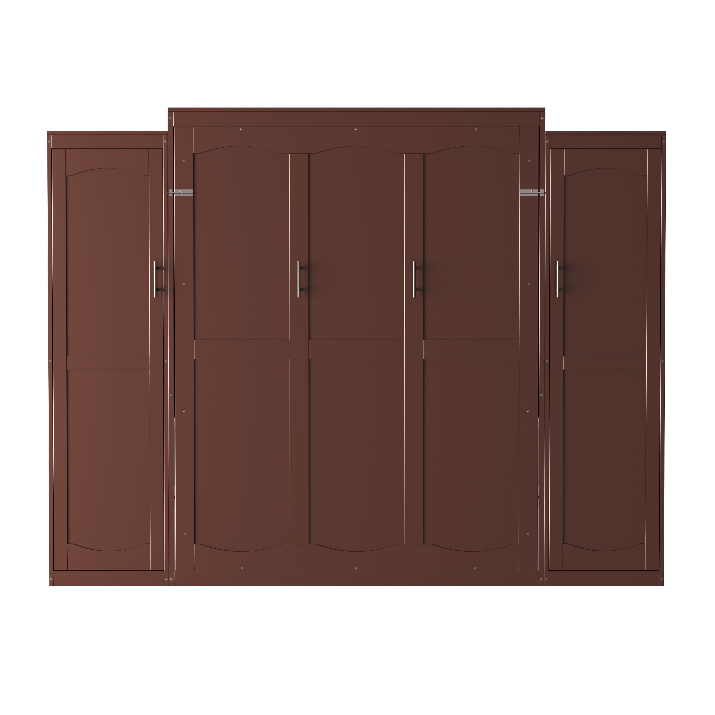 Full Size Murphy Bed, Wooden Full Wall Bed with 2 Wardrobe and Storage Shelf, Multifunctional Foldable Platform Bedframe for Guest-Room, Bedroom, Walnut