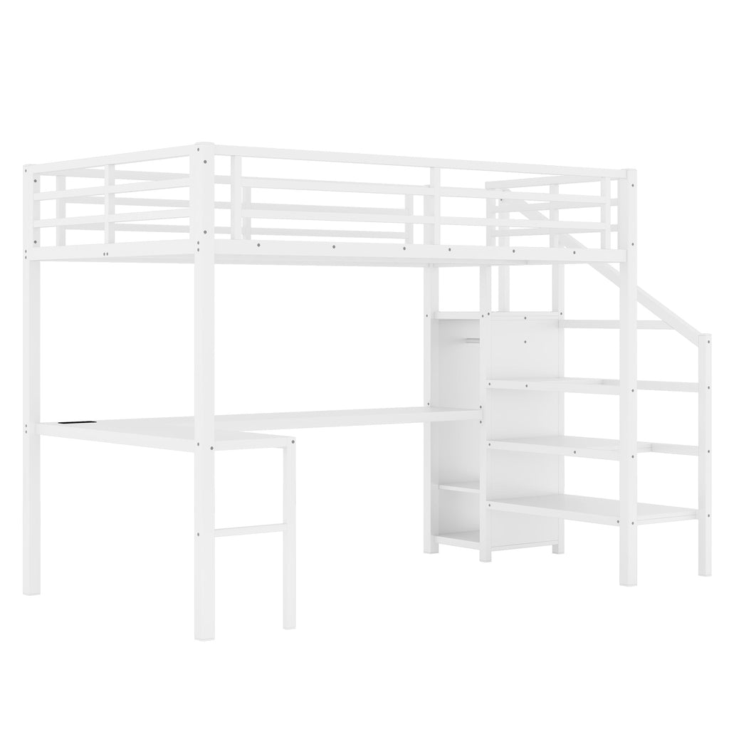 Full Size Loft Bed with L-shaped Desk and USB, Metal Loft Bed with Wardrobe and Adjustable Shelf, High Loft Bed with LED for Kids Teens Adults, White
