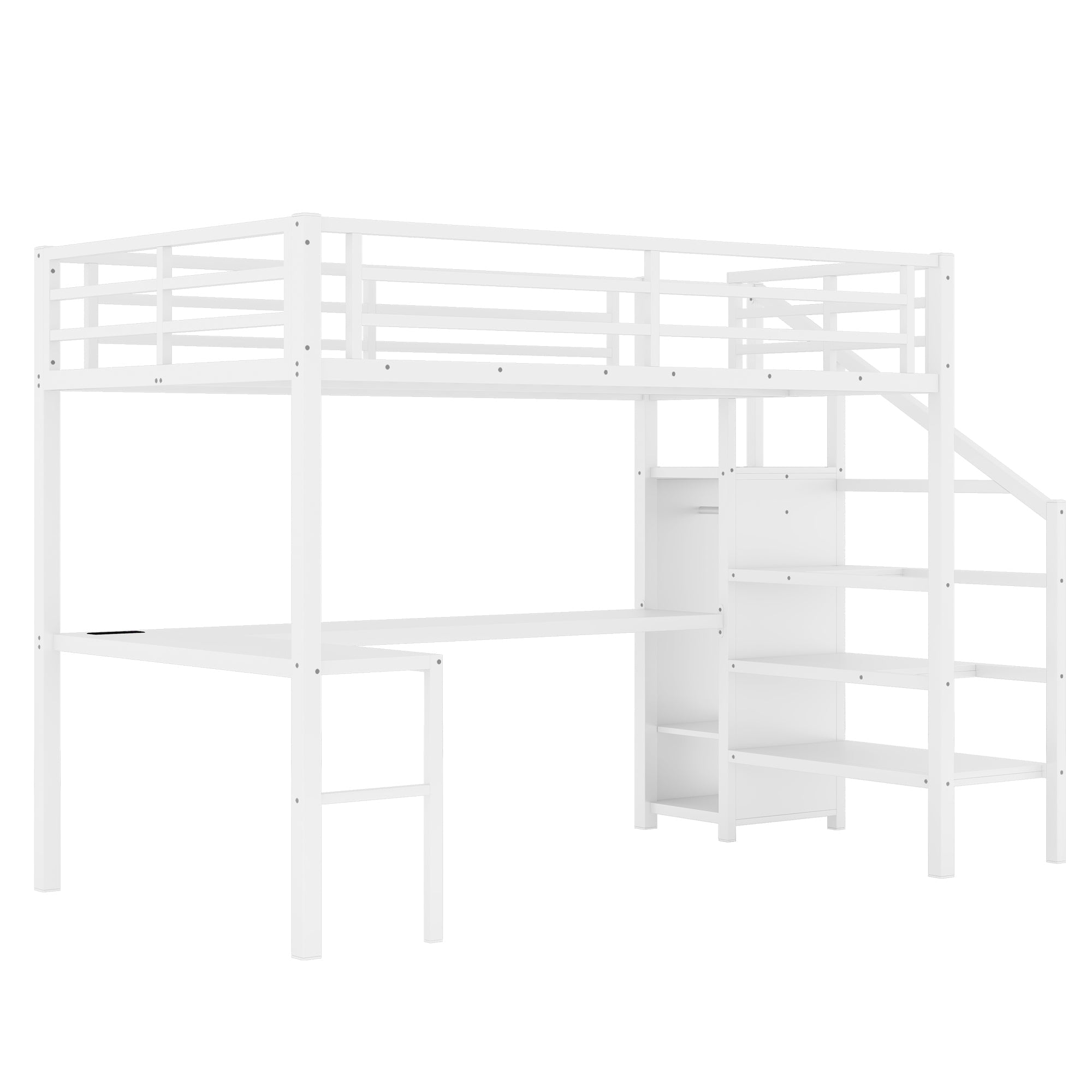 Full Size Loft Bed with L-shaped Desk and USB, Metal Loft Bed with Wardrobe and Adjustable Shelf, High Loft Bed with LED for Kids Teens Adults, White