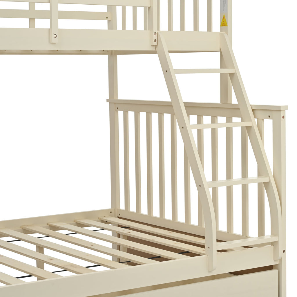 Twin Over Full Bunk Bed with Storage Drawers, Wooden Bunk Bed with Ladder and Safety Guard Rails –Cream