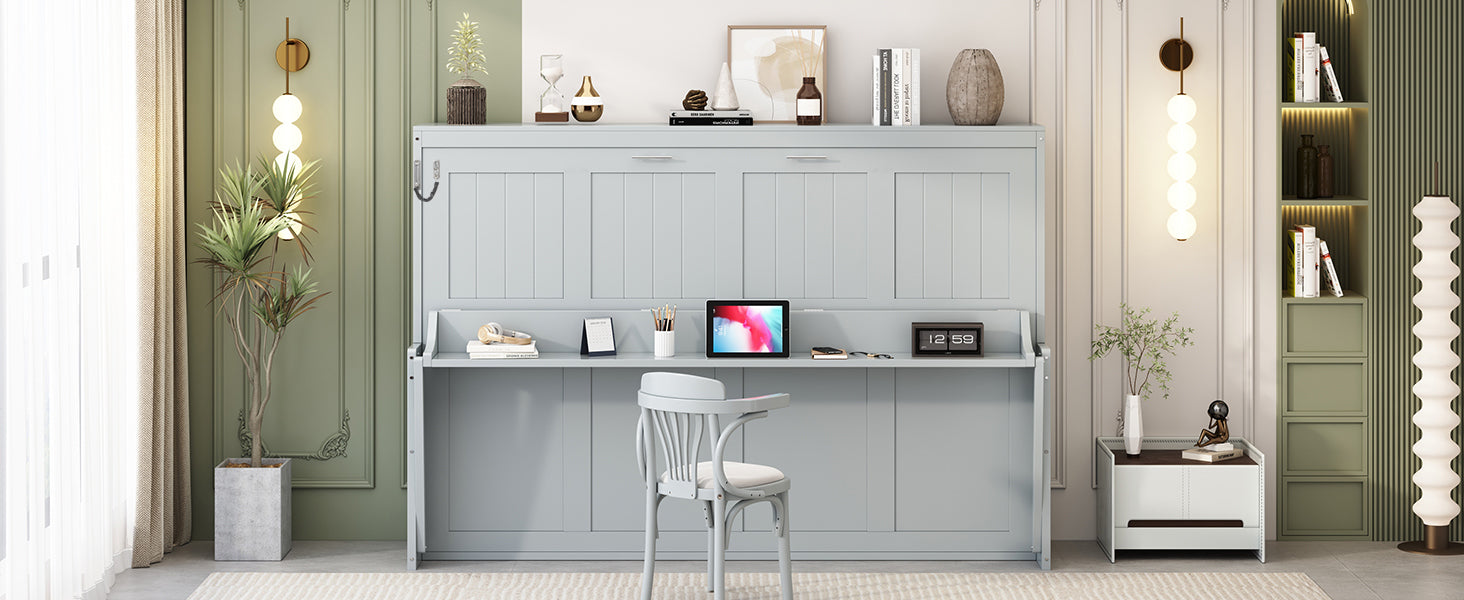 Queen Size Murphy Bed with Hydraulic Lift & Desk Design, Gray(OLD SKU: N820S00033E)