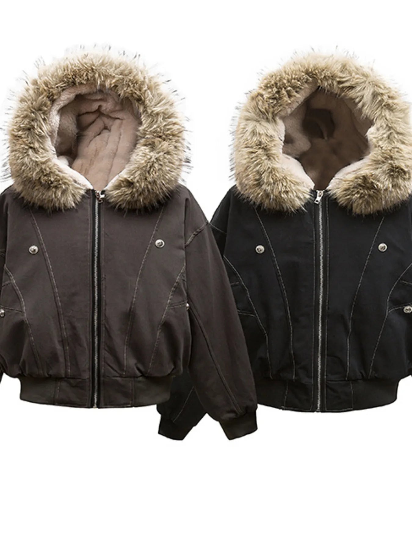 Faux Fur Hooded Zip Up Jacket