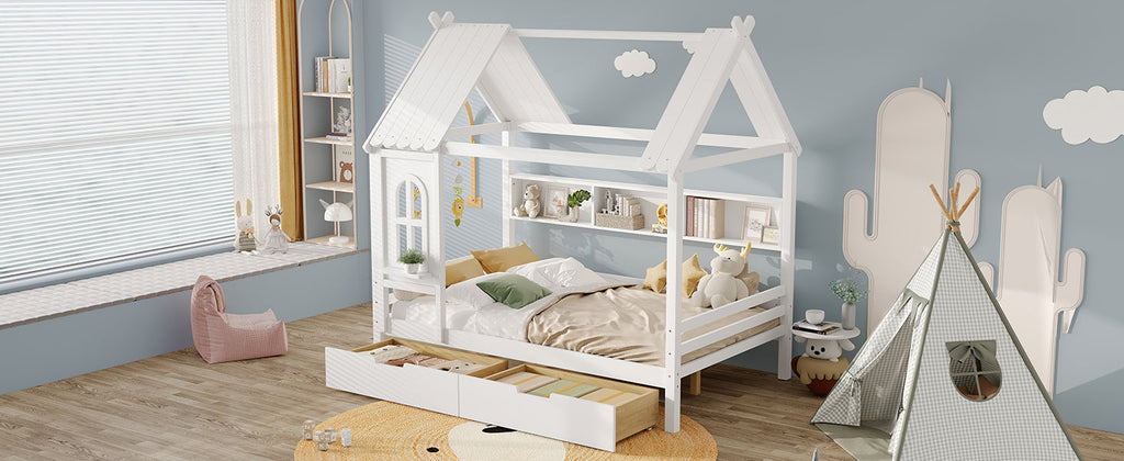 Full house Beds with Storage Drawers and Window, Solid Wood House Platform Bed Frame with shelves, for Kids, Girls, Boys, No Spring Box Needed and Childlike Design, White