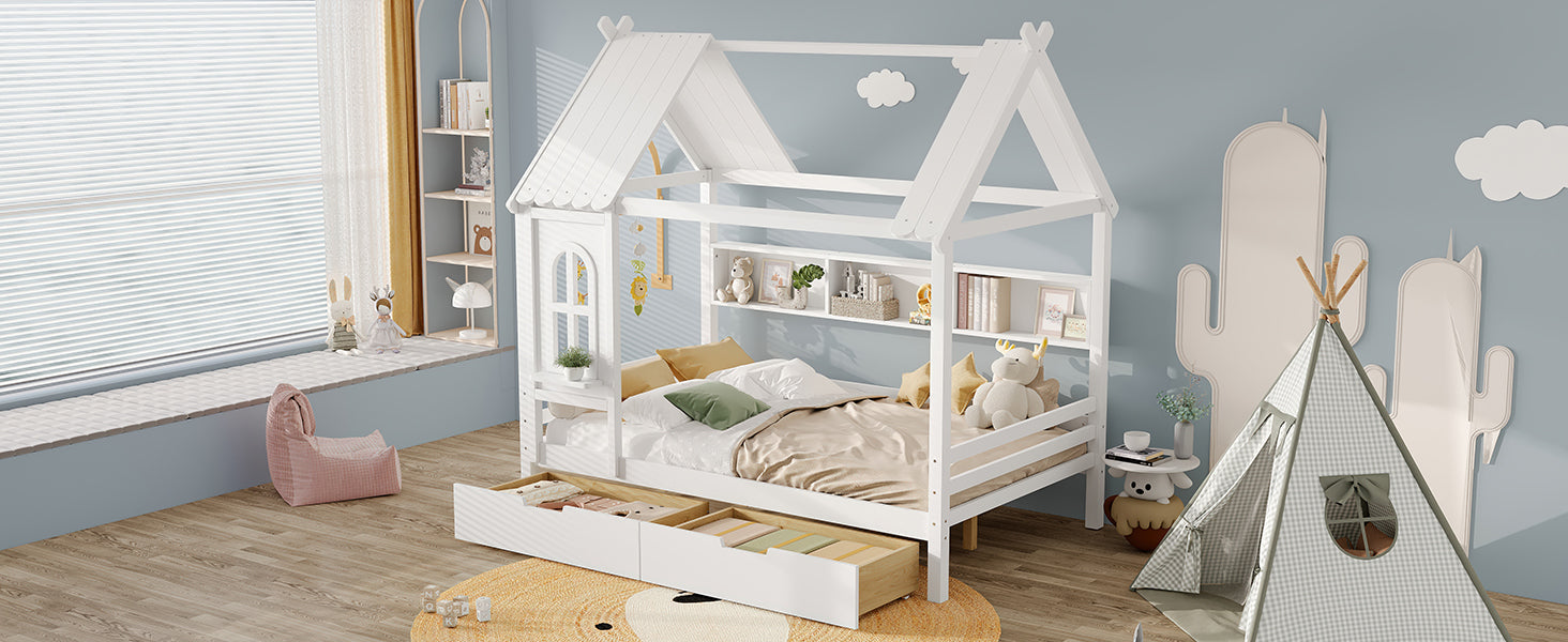 Full house Beds with Storage Drawers and Window, Solid Wood House Platform Bed Frame with shelves, for Kids, Girls, Boys, No Spring Box Needed and Childlike Design, White