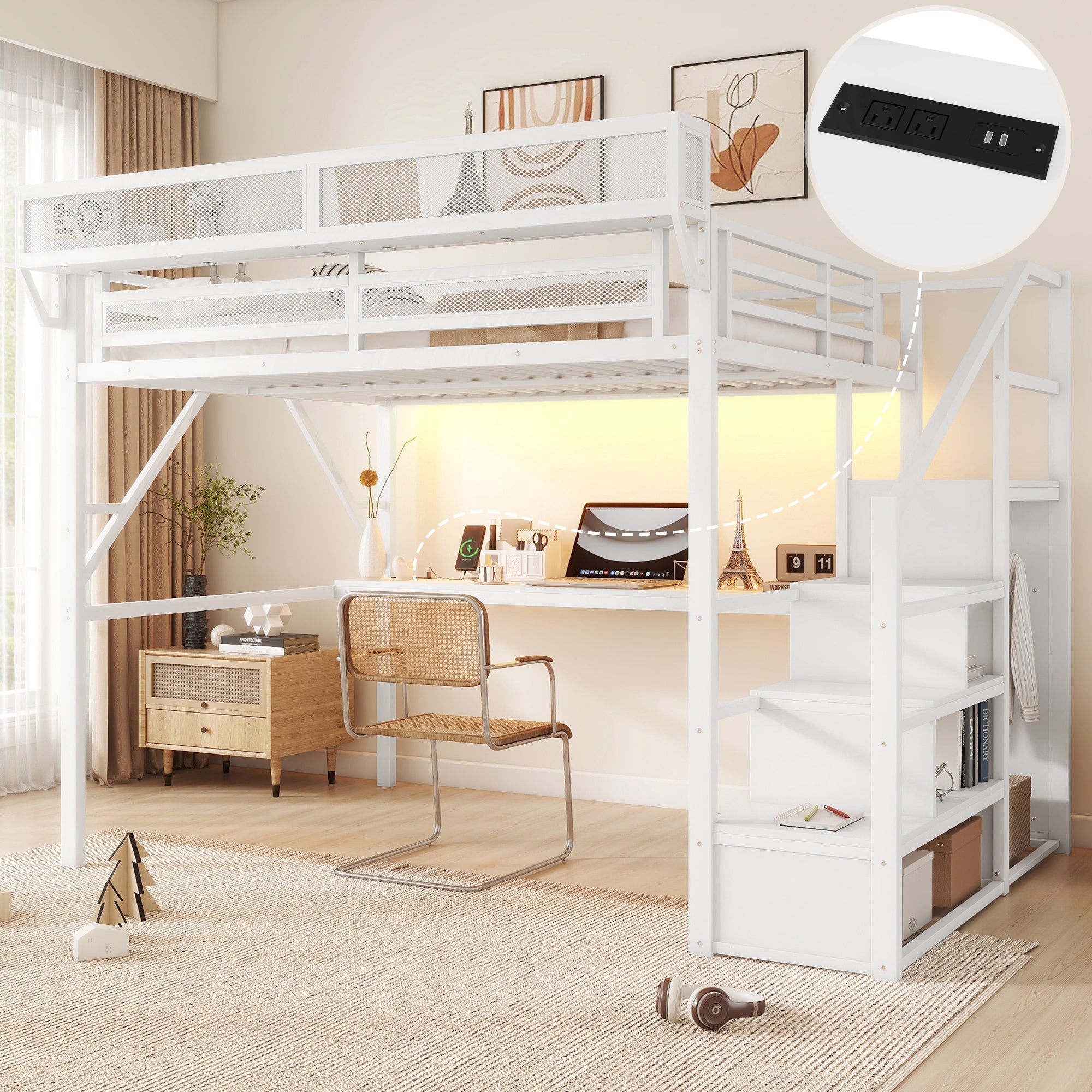 Queen Loft Bed with Desk and Charging Station, Queen Size Metal Loft Bed with Stairs and Light for Kids Teens,White(Old SKU W2580S00033)