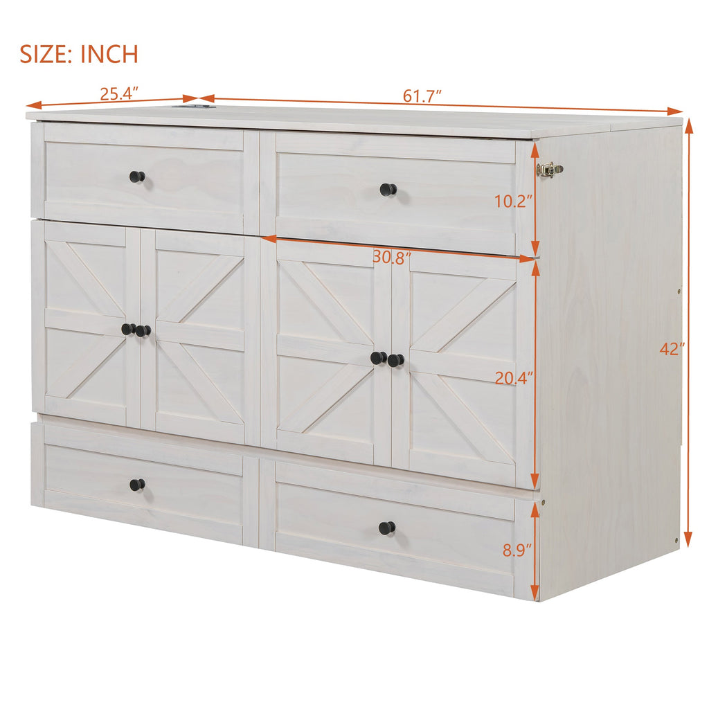 Queen Size Murphy Bed with Large Drawers & USB Ports,Brushed White