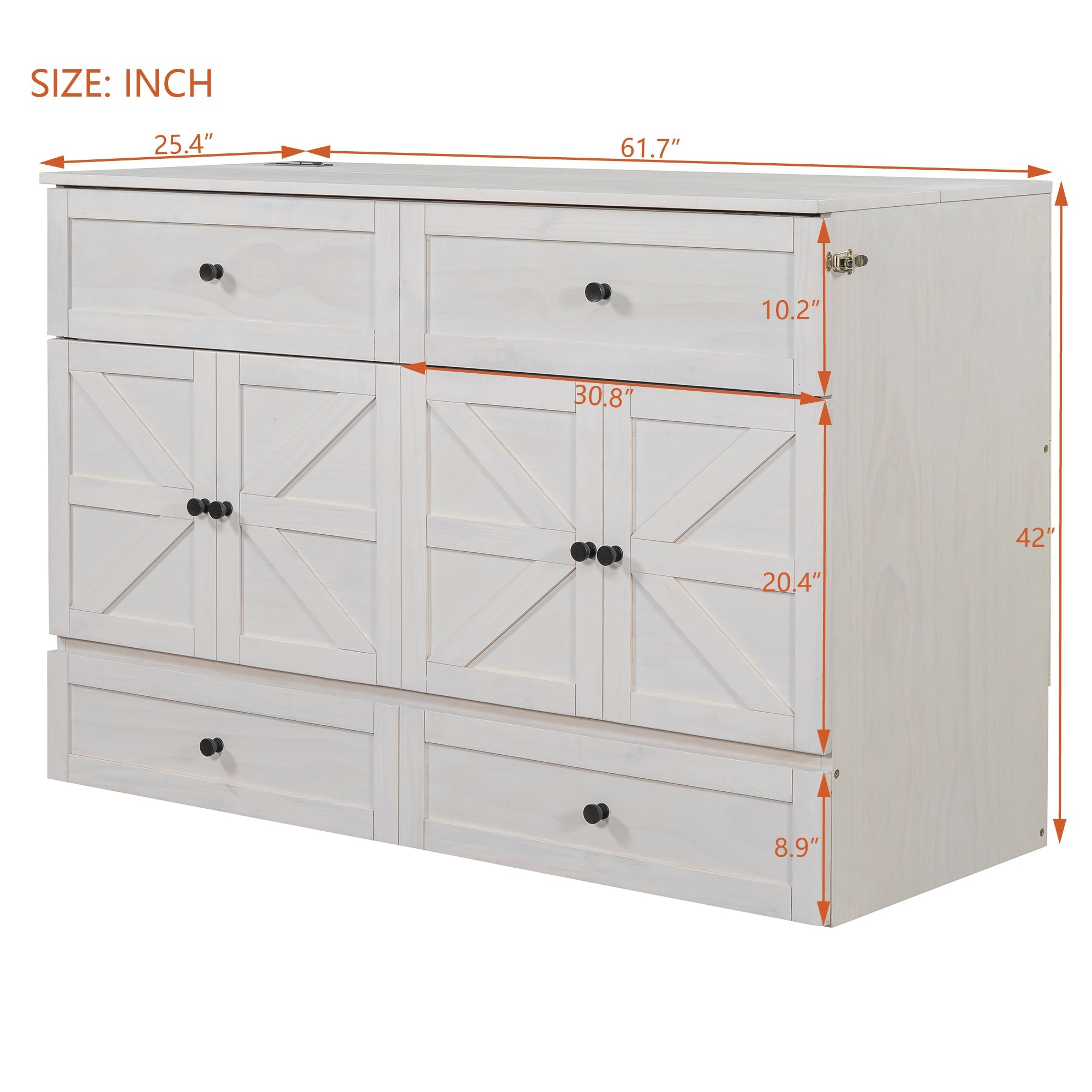 Queen Size Murphy Bed with Large Drawers & USB Ports,Brushed White