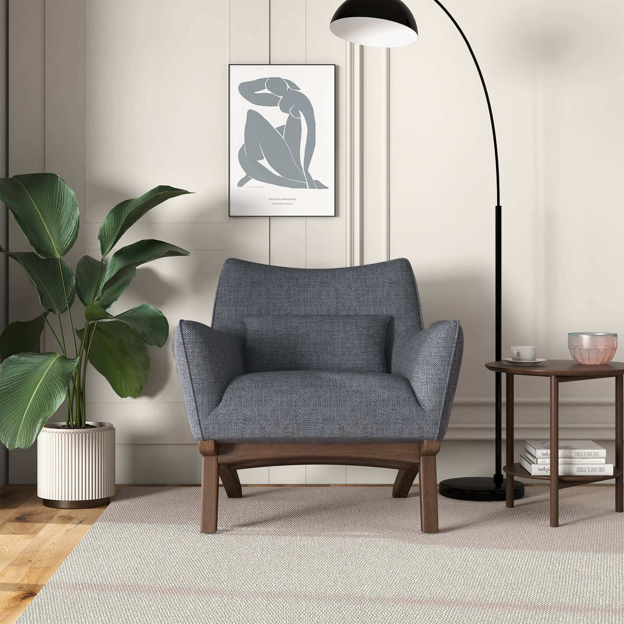 New Design Brayden Mid Century Modern Grey Linen Armchair with Solid Wood Frame and Padded Seat for Home Office 32.5'H x 30'W x 30'D