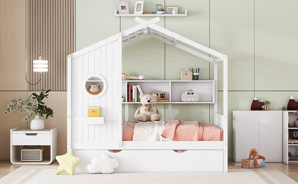 Wooden Full Size House Bed With Trundle, Modern Design for Kids with Storage Shlef, White(old SKU HL000095AAW)