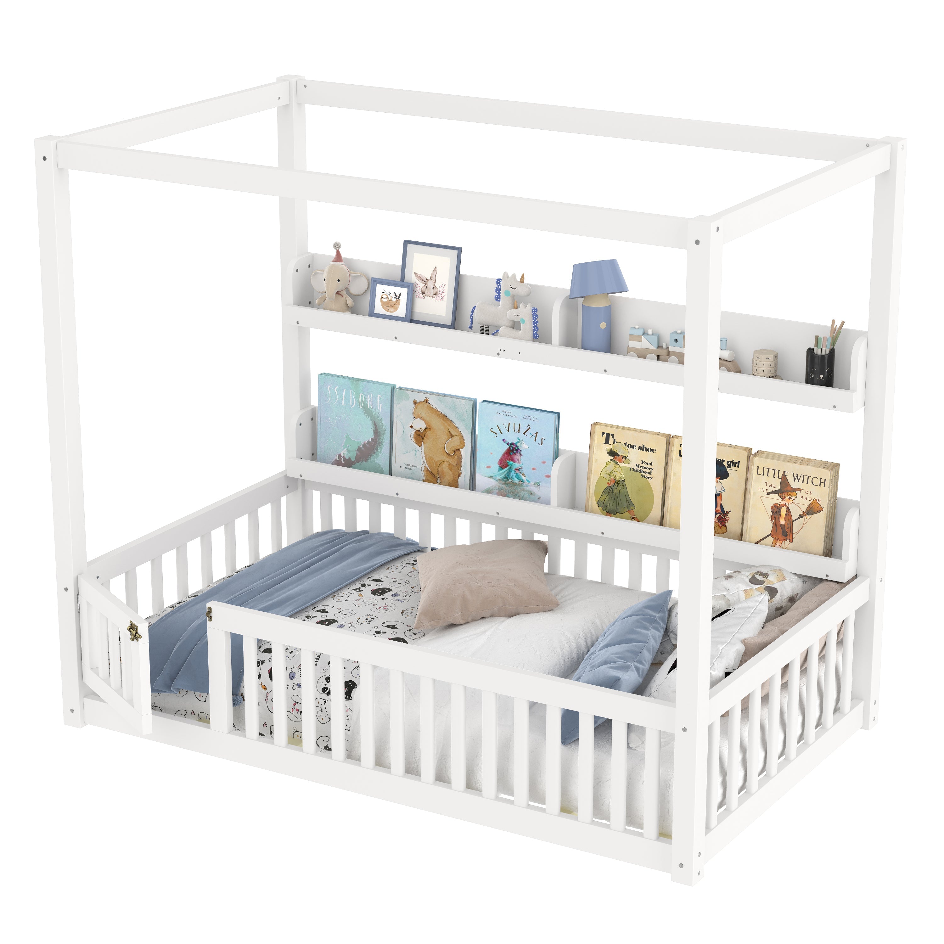 Twin Size Canopy Bed with Guardrails, Solid Wood Floor Bed with Shelves, Montessori Floor Bed Frame for Kids, Boys, Girls, No Spring Box Needed, White