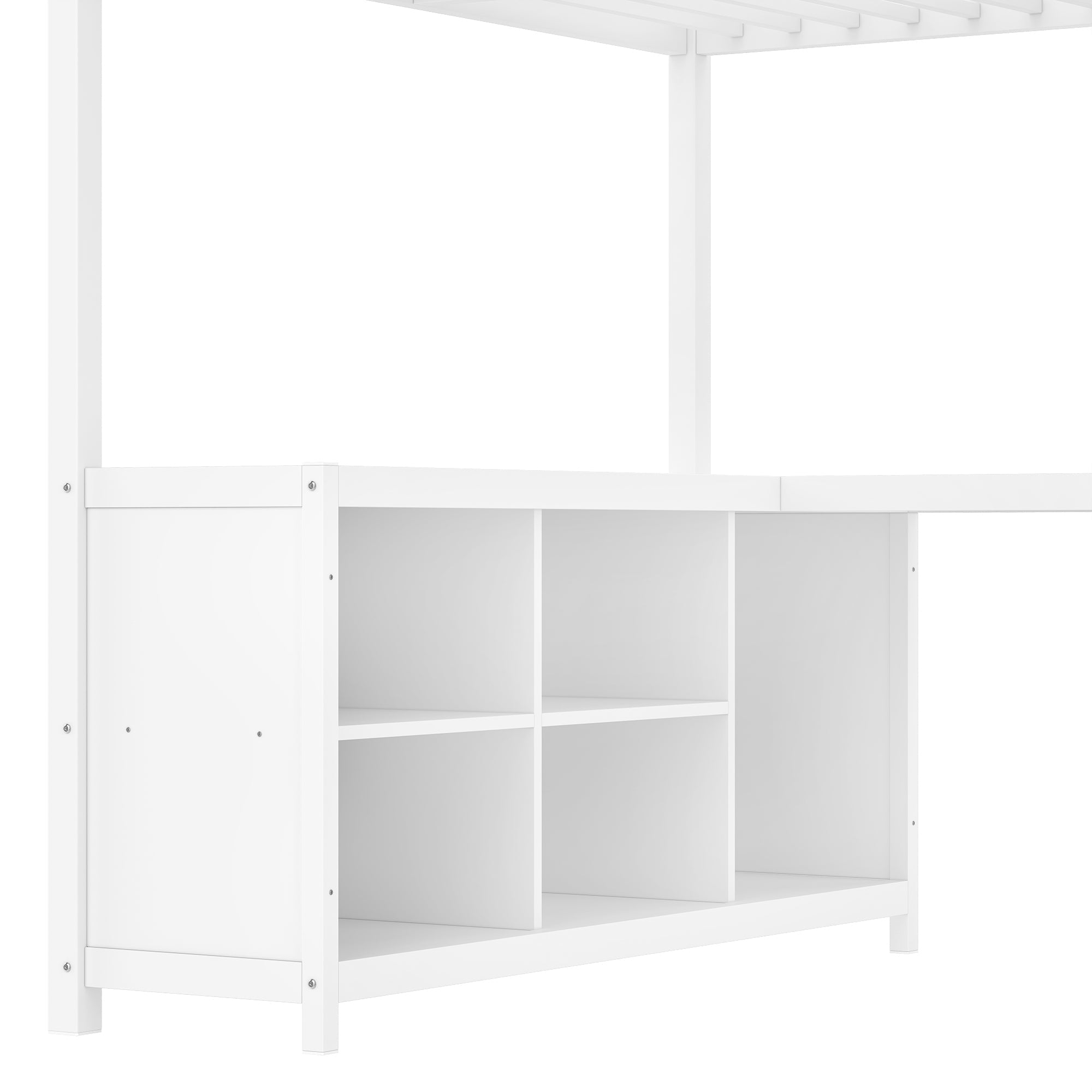 Metal Loft Bed with Wardrobe and L-shaped Desk, Full Size Loft Bed with Storage Cubes and Shelves, Loft Bed for Kids Teens Adults, White