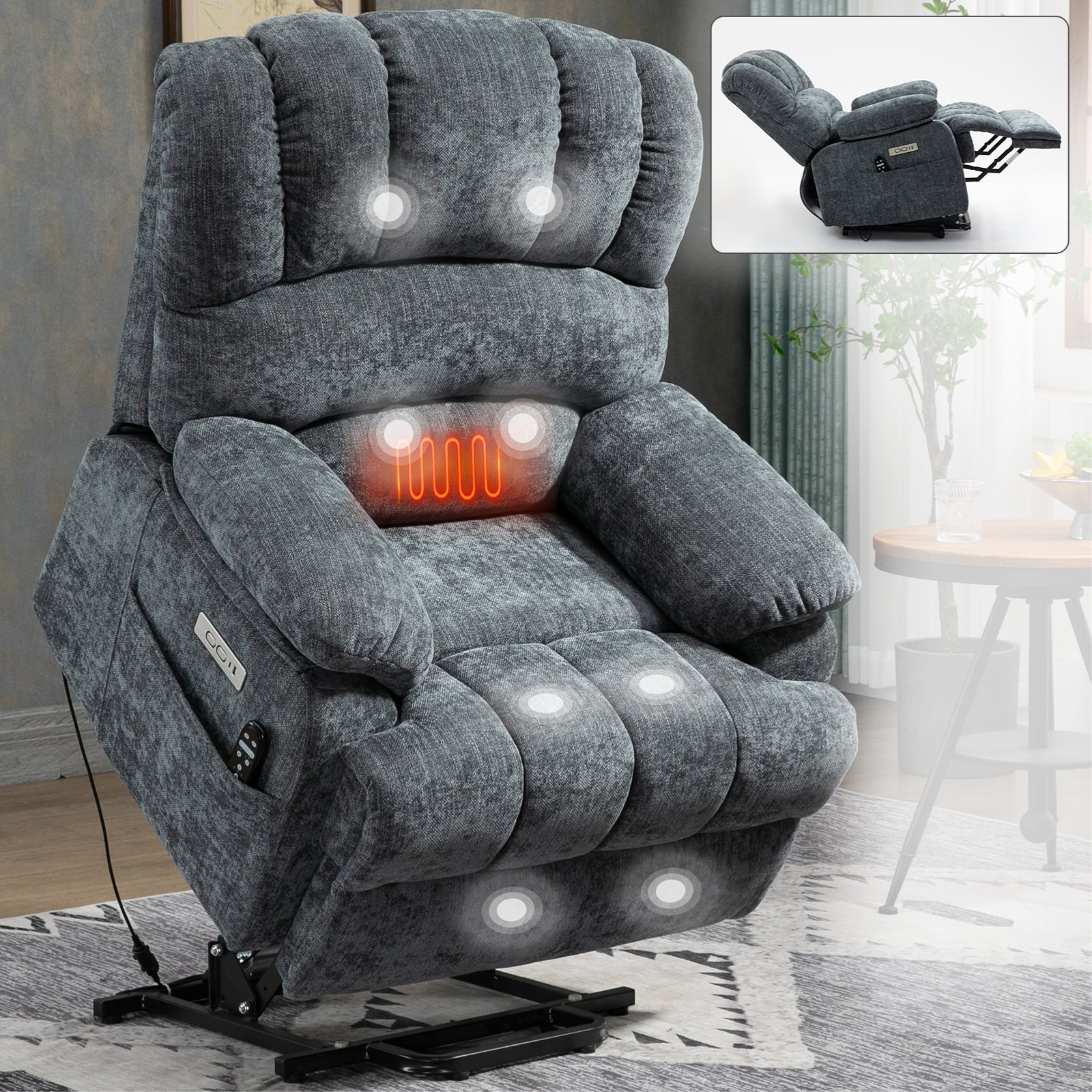 23' Seat Width and High Back Large Size Blue Grey Chenille Power Lift Recliner Chair with 8-Point Vibration Massage and Lumbar Heating