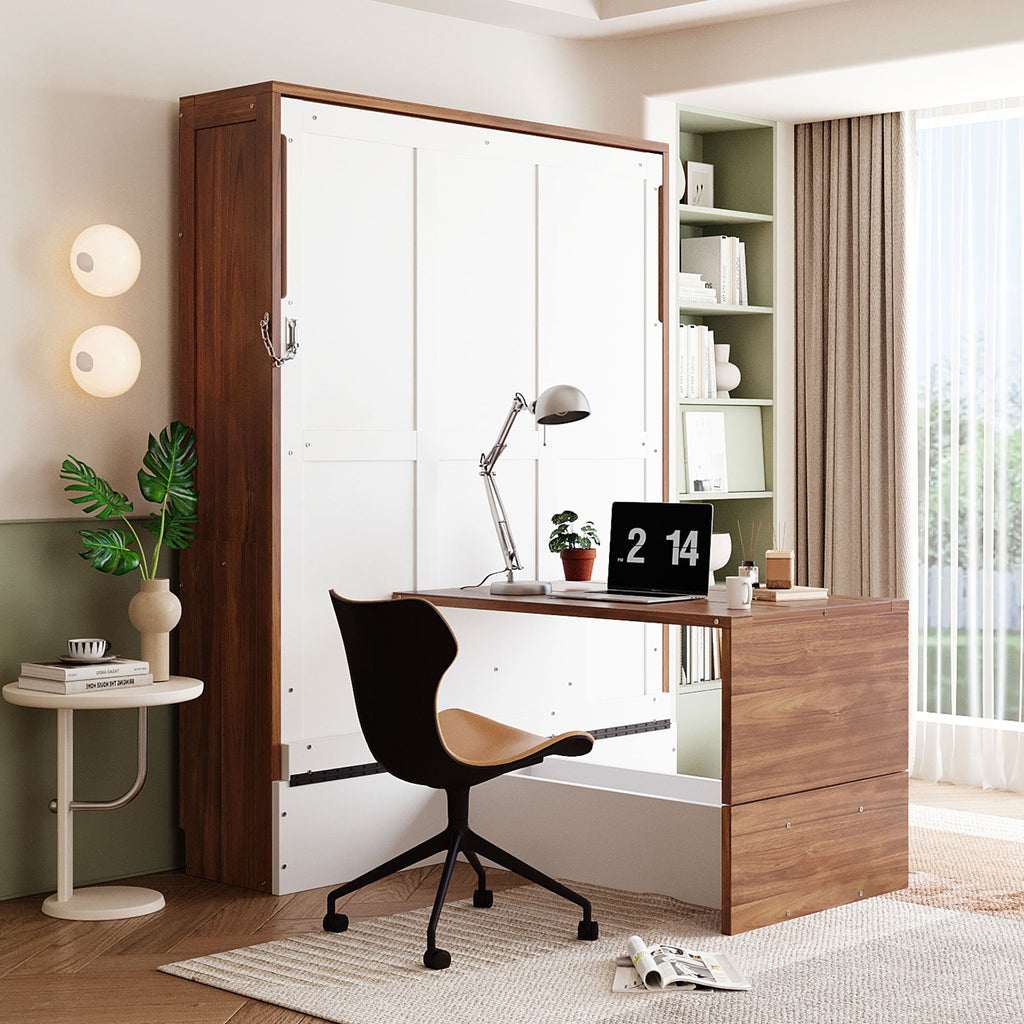 Full Size Murphy Bed with Foldable Desk – Space Saving Wall Bed - Walnut & White