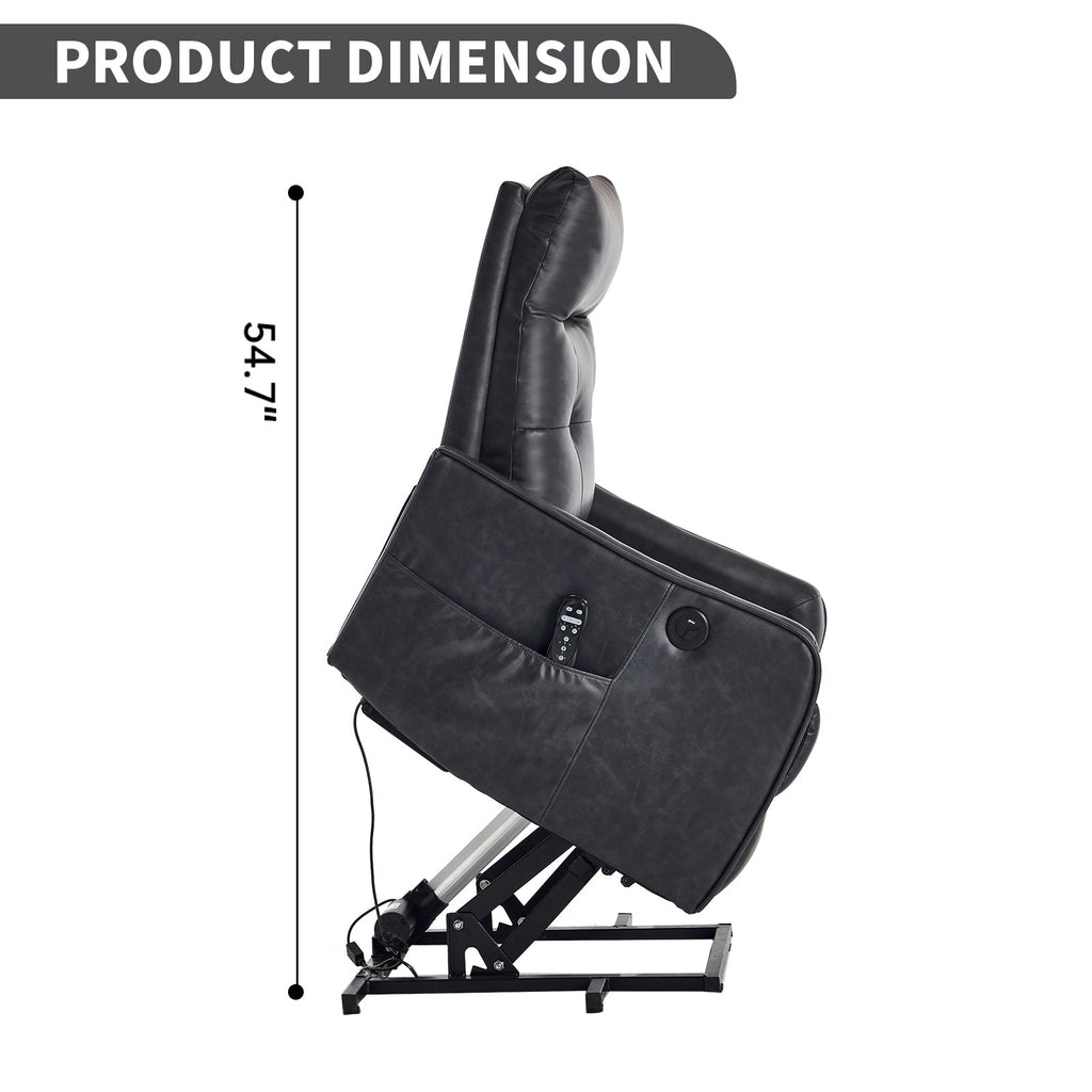 Deep Grey PU Single Motor Power Lift Recliner Chair with Massage and Heat for Elderly, Heavy Duty Motion Mechanism and One USB for Charging, Max Reclining Angle 155°