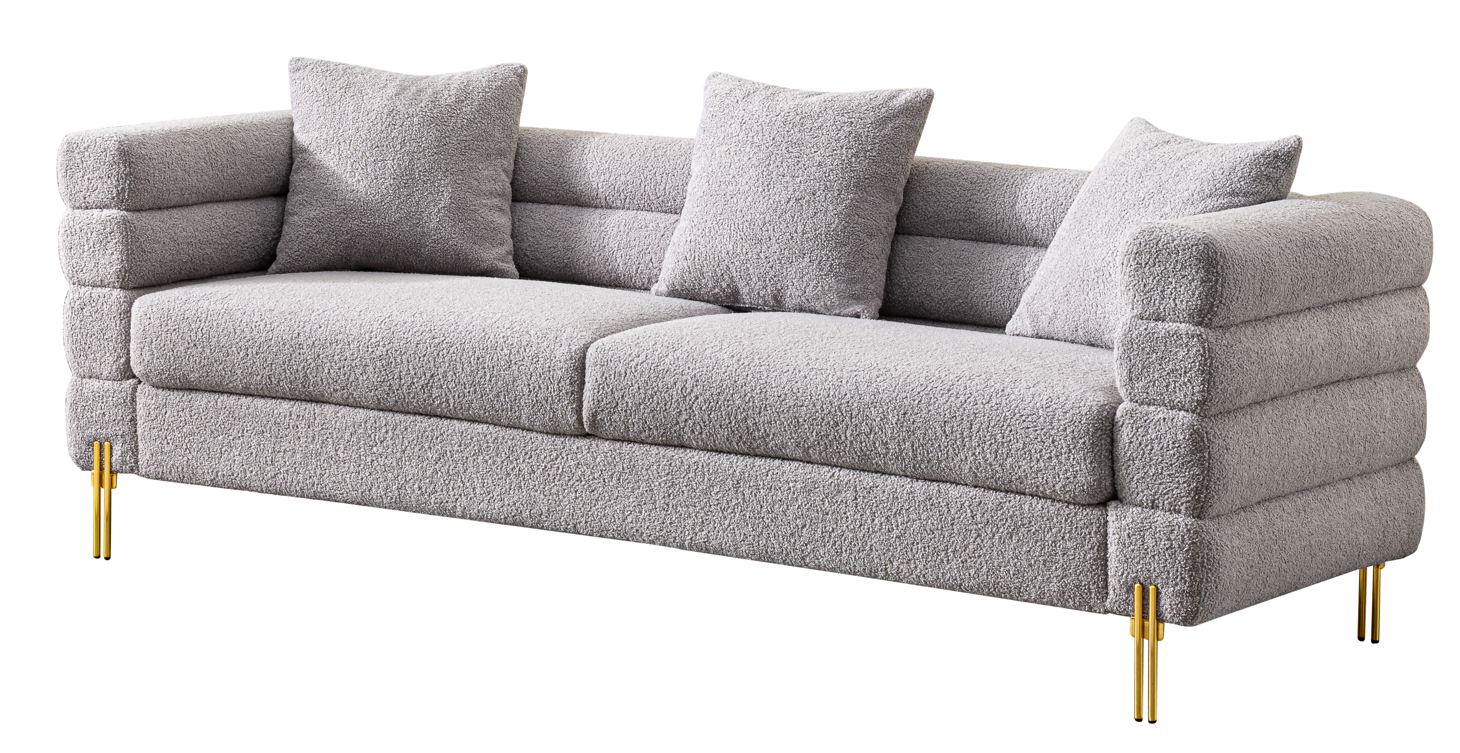 Luxurious and comfortable upholstered sofa with golden legs and pillows for living room and reception area