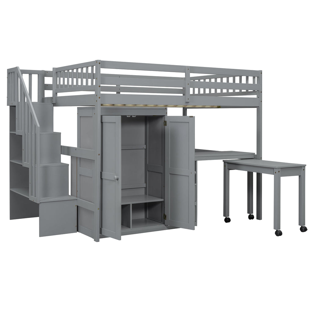 Full Size Loft Bed with Stairs, Bookshelf, Drawers, Desk & Wardrobe – Space-Saving Multifunctional Furniture for Kids & Teens-Gray