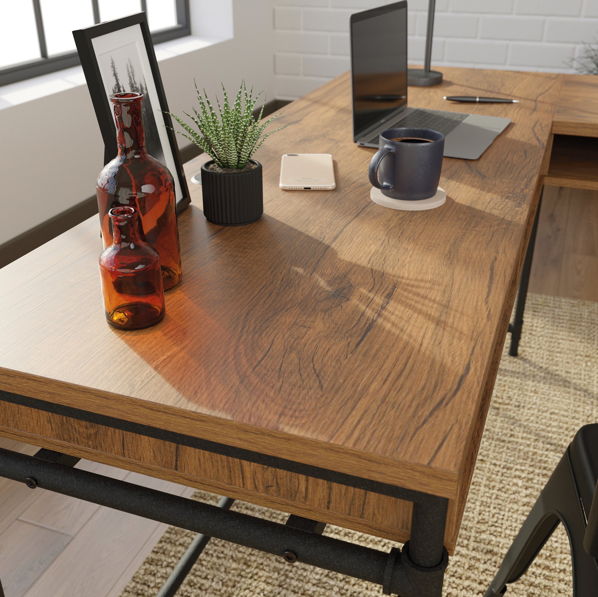 L-Shaped Desk, Brown finish